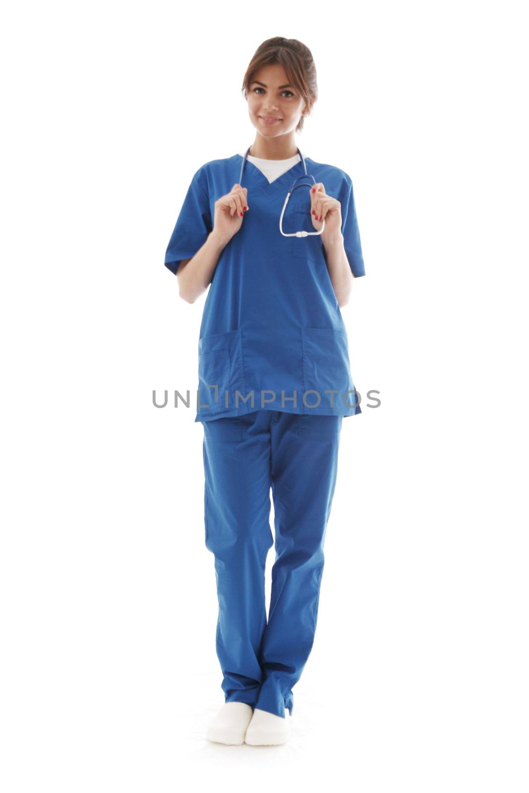 Young nurse full length portrait isolated on white background