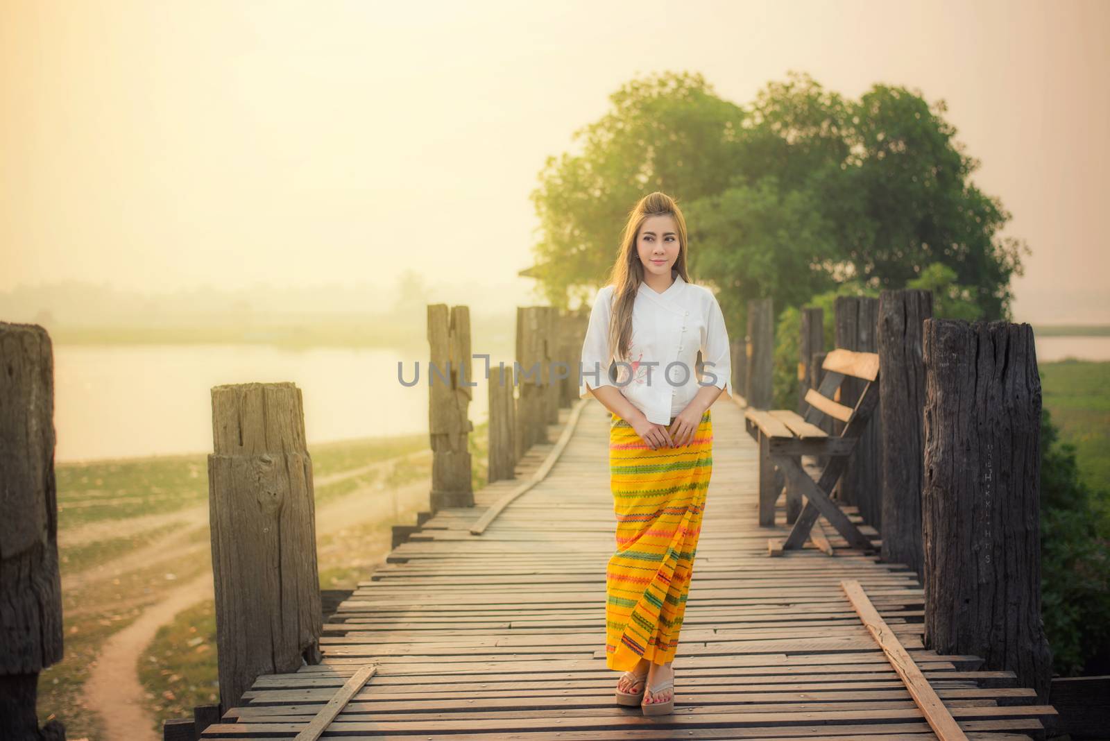 Beautiful girl in Mamdalay Myanmar traditional costume, Burmese  by chanwity