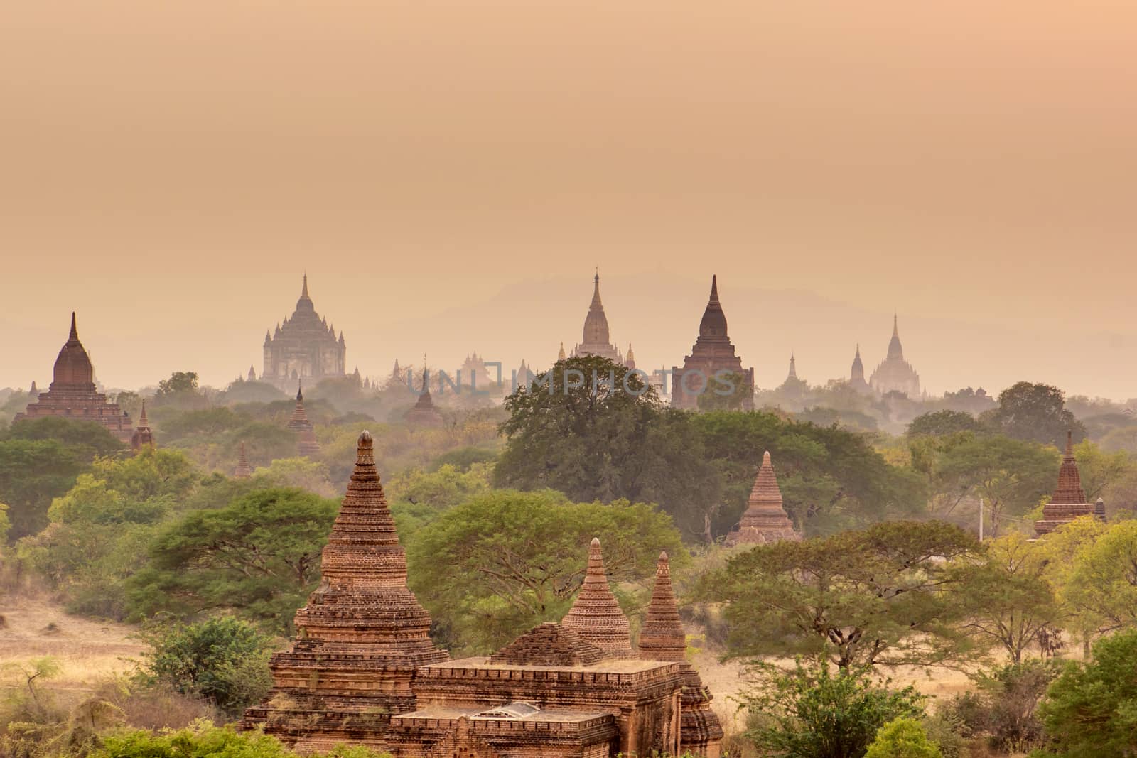 Sunset at Pagoda landscape in the plain of Bagan, Myanmar (Burma by chanwity