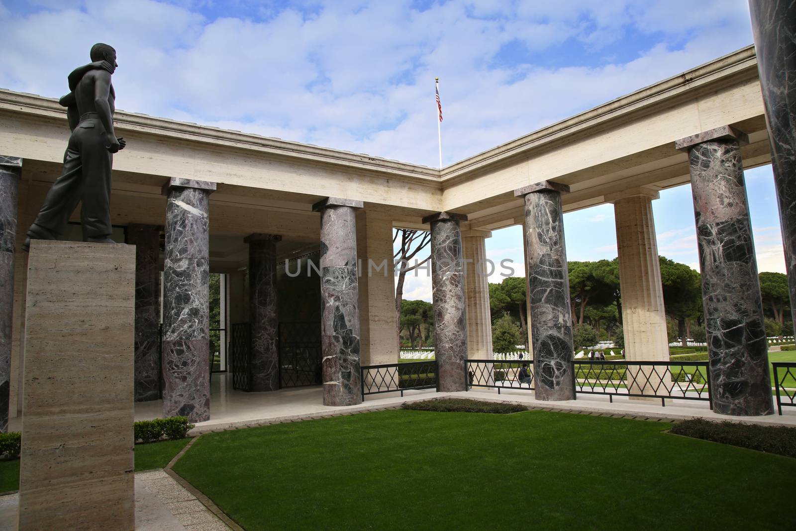 NETTUNO - April 06: Bronze statue of two brothers in arms of the American Military Cemetery of Nettuno in Italy, April 06, 2015 in Nettuno, Italy.