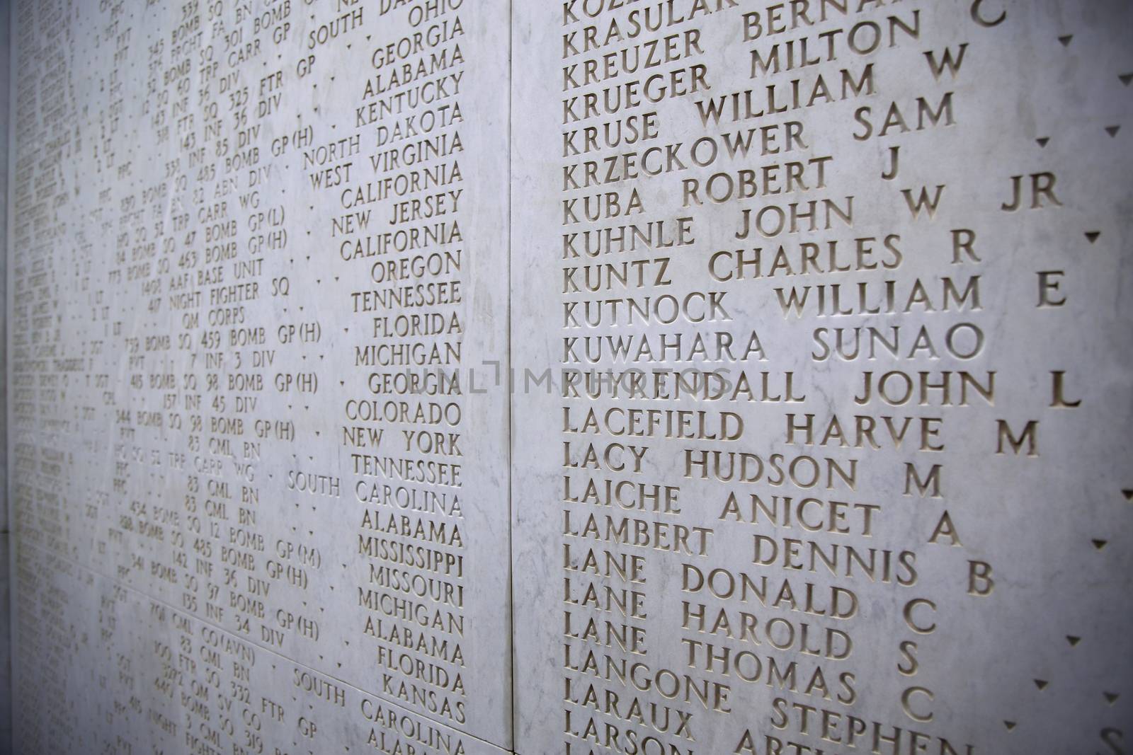 NETTUNO - April 06: The Names of fallen soldiers at war, American war cemetery of the American Military Cemetery of Nettuno in Italy, April 06, 2015 in Nettuno, Italy.