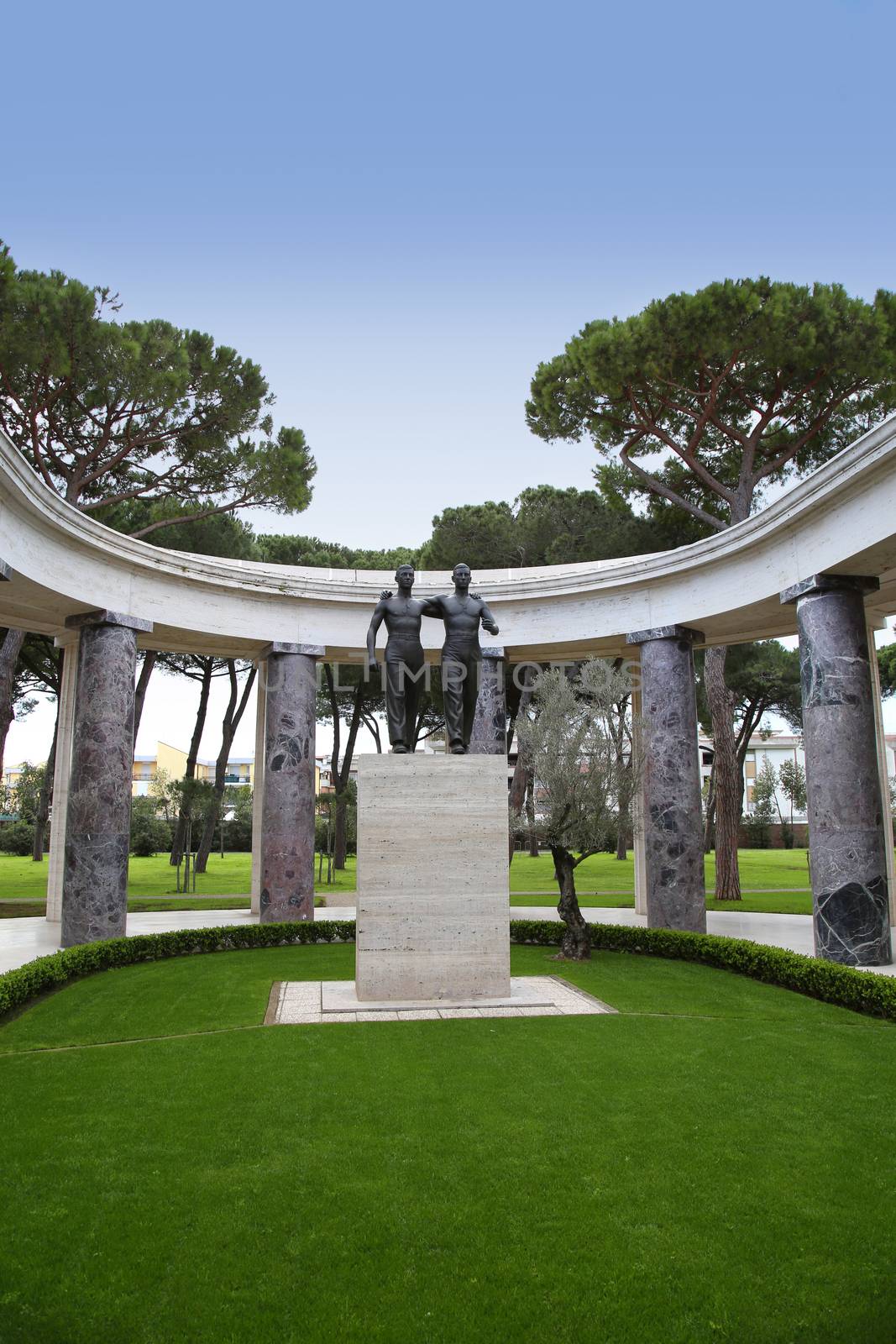 NETTUNO - April 06: Bronze statue of two brothers in arms of the American Military Cemetery of Nettuno in Italy, April 06, 2015 in Nettuno, Italy.