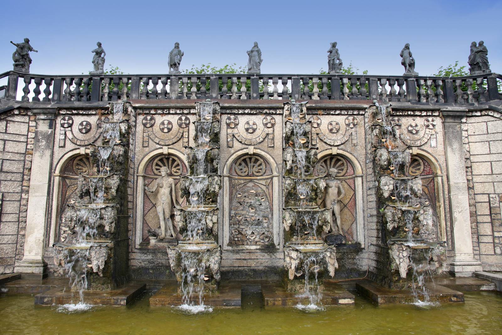 HANNOVER, GERMANY - 30 JULY: It's ranks the most important gardens in Europe. Grand Cascade on Gardens in Herrenhausen gardens in Hanover, German on July 30,2014.