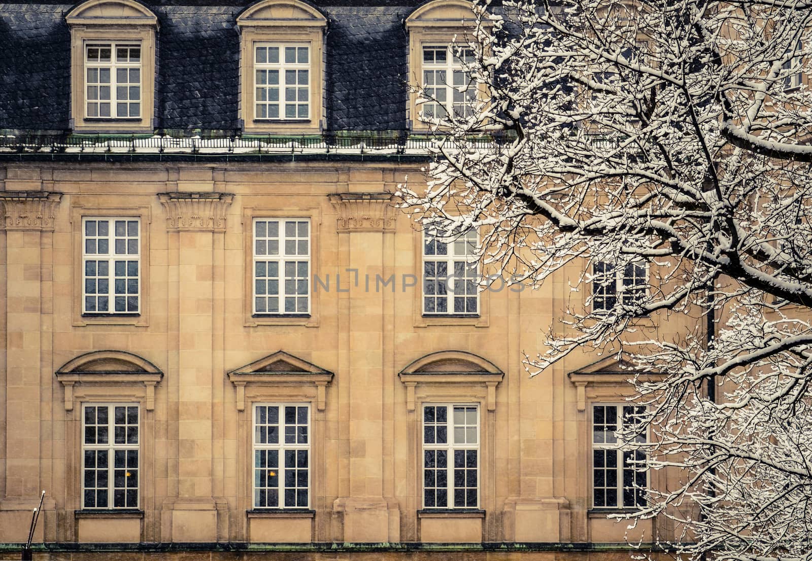 A Luxury Mansion House In Europe In The Winter Snow