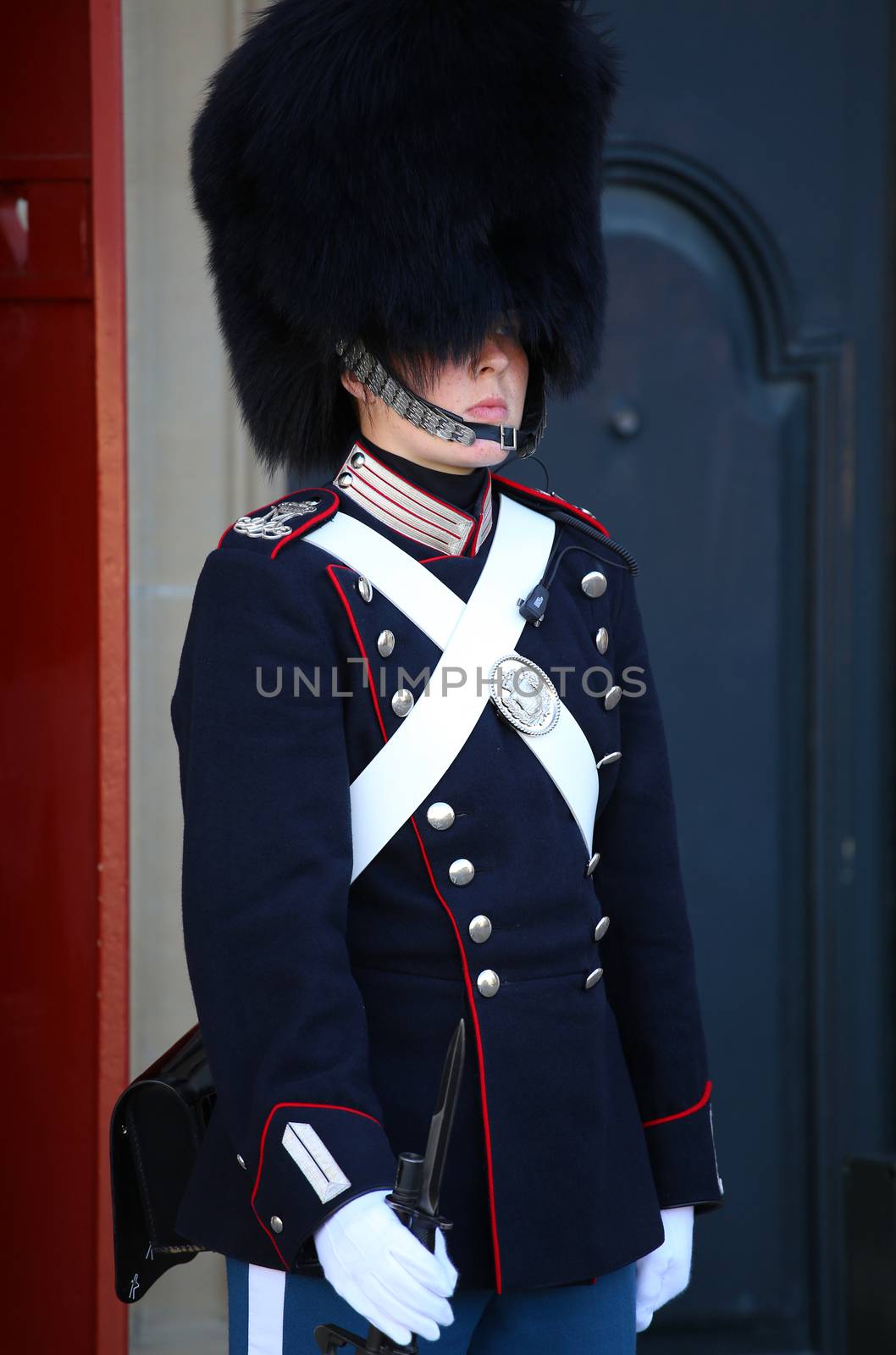 COPENHAGEN, DENMARK - AUGUST 15, 2016: Danish Royal Life Guard on the central plaza of Amalienborg palace, home of the Danish Royal family in Copenhagen, Denmark on August 15, 2016.