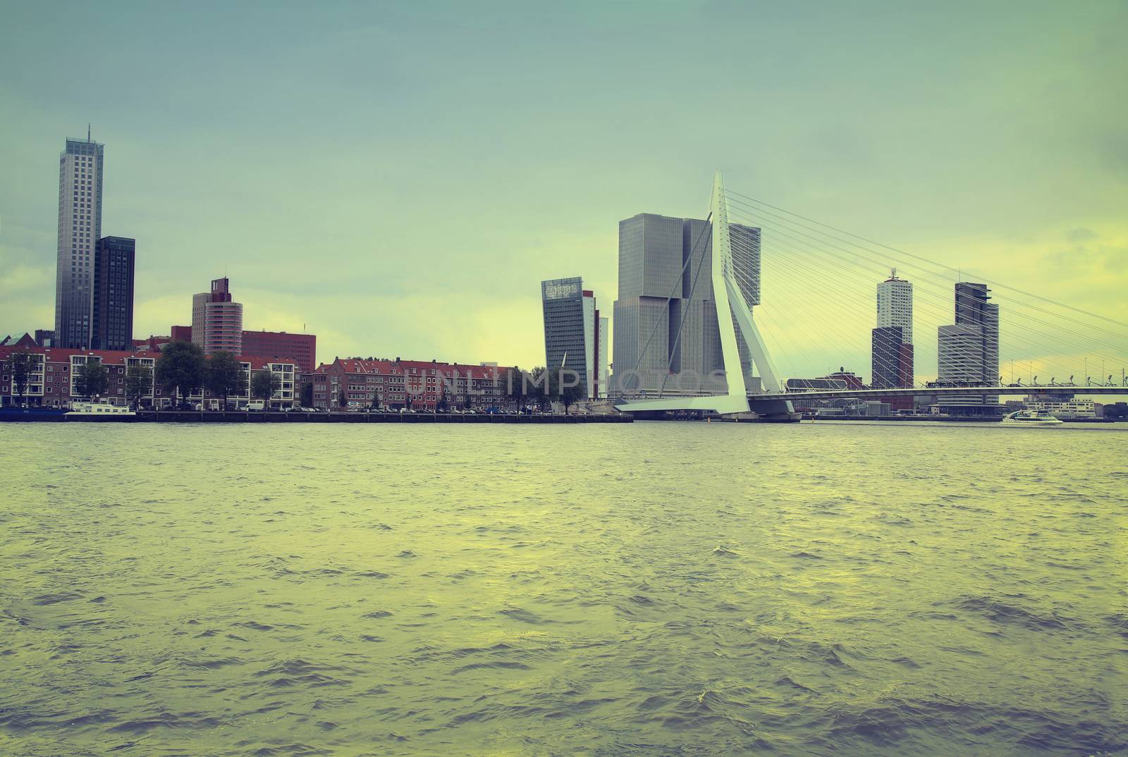 ROTTERDAM, THE NETHERLANDS - 18 AUGUST: Rotterdam is a city modern architecture, view on Erasmus Bridge and skyline of Rotterdam, river Maas in Rotterdam, Netherlands on August 18,2015.