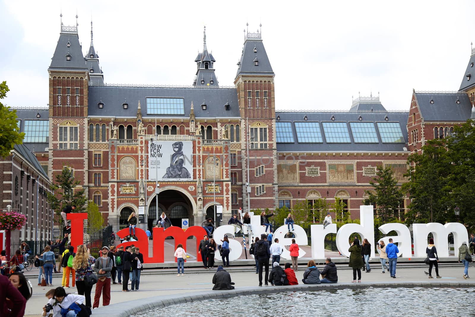 AMSTERDAM, THE NETHERLANDS - AUGUST 18, 2015: View on Rijksmuseum (National state museum) with words, popular touristic destination in Amsterdam, Netherlands. Amsterdam is capital of the Netherlands on August 18, 2015.