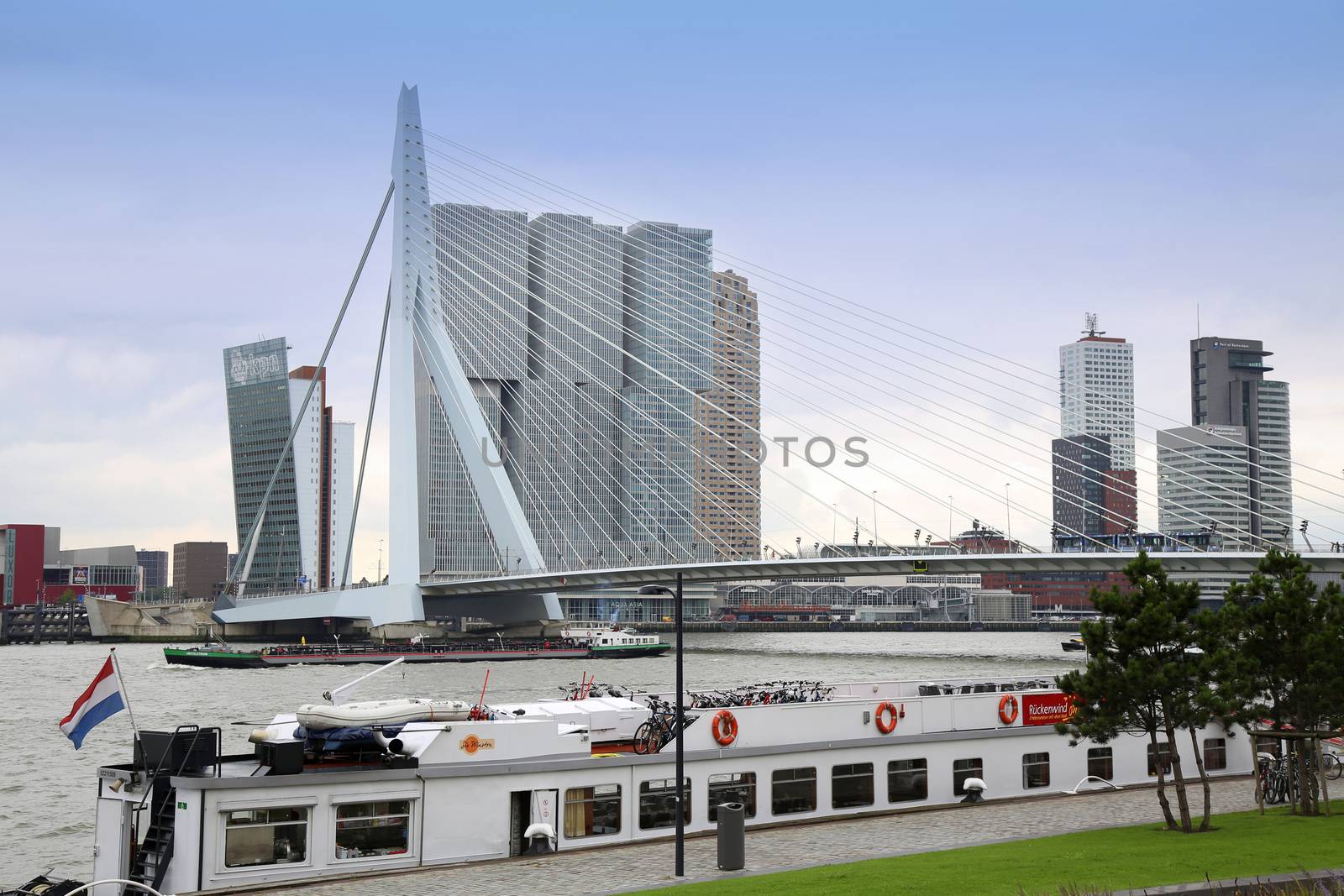 ROTTERDAM, THE NETHERLANDS - 18 AUGUST: Rotterdam is a city modern architecture, view on Erasmus Bridge (Erasmusbrug) and skyline of Rotterdam with a cruise boat, river Maas in Rotterdam, Netherlands on August 18,2015.