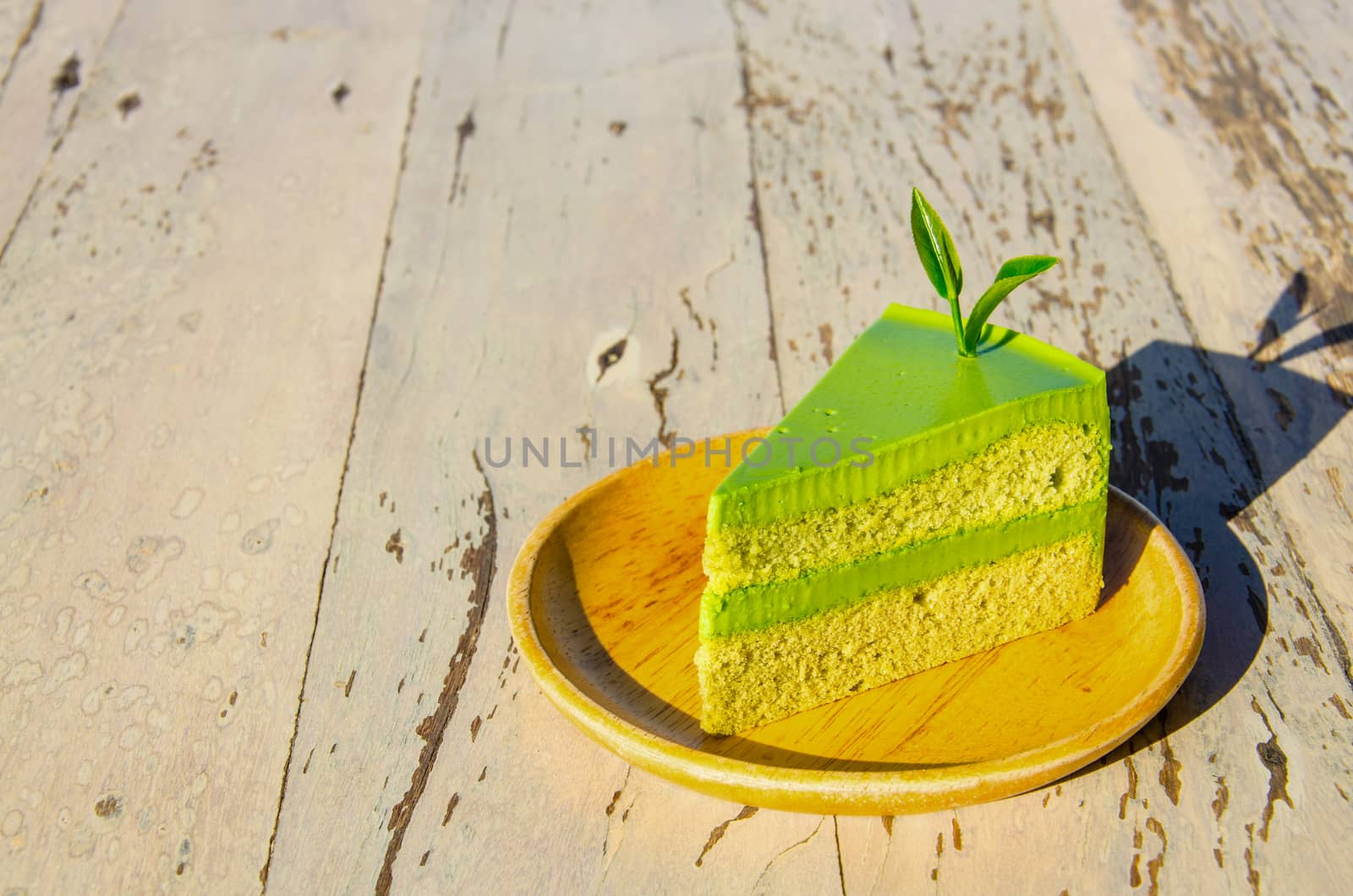 Green Tea Cake on the Wood Table