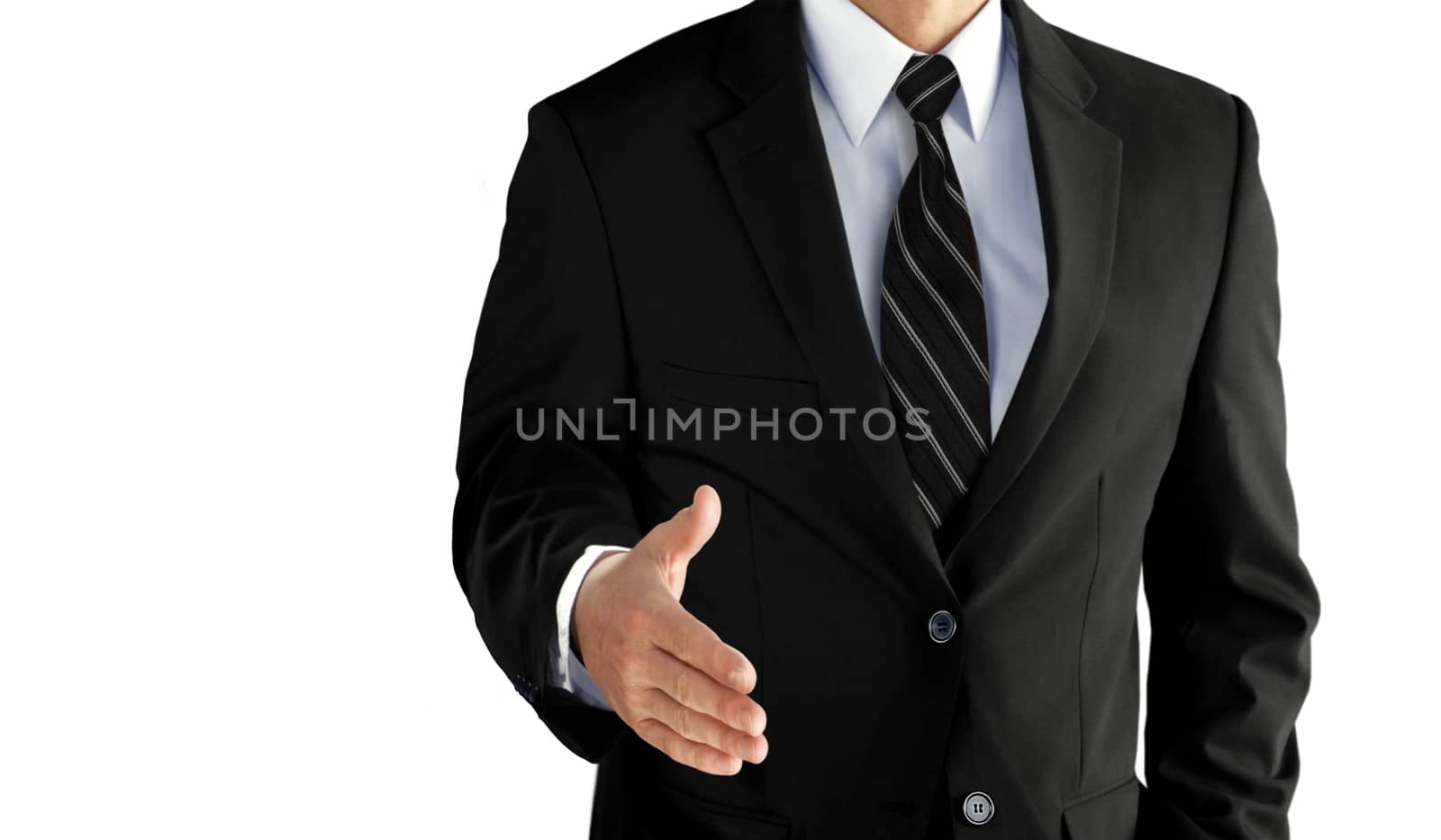 Business man with an open hand ready to seal a deal over white