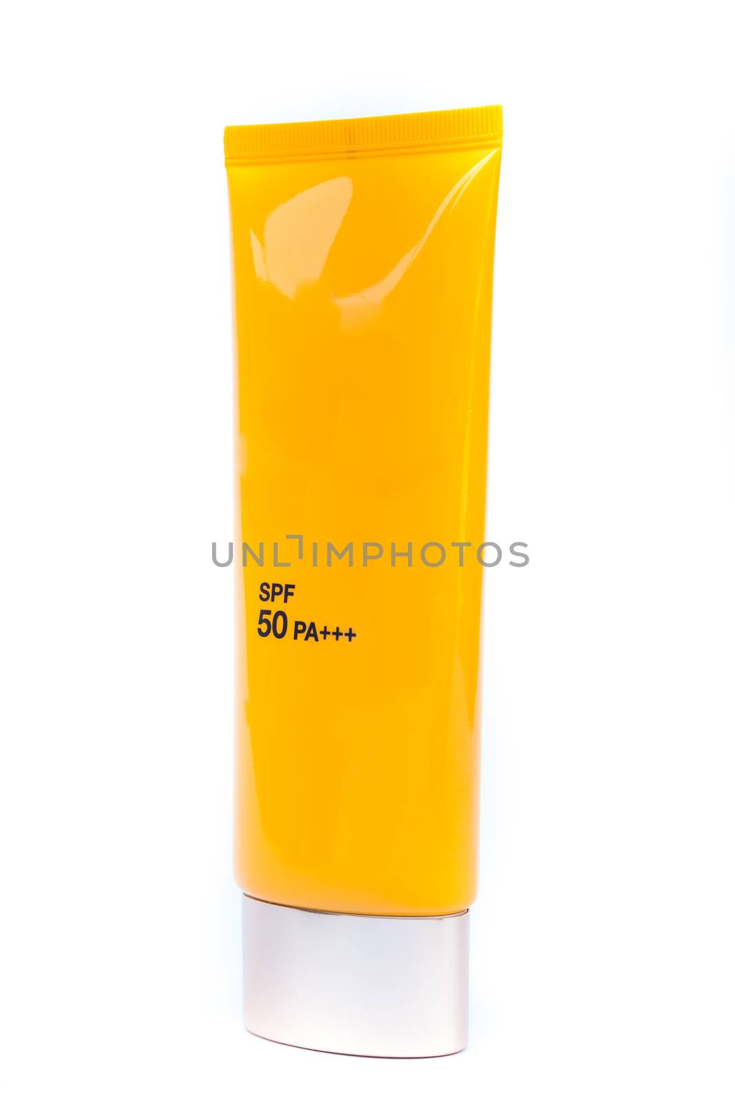 Tube container of sun cream on white background