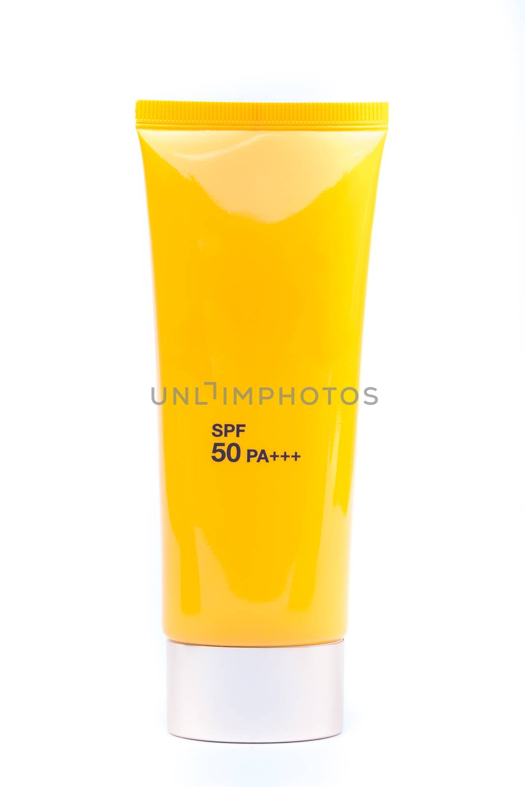 Tube container of sun cream on white background