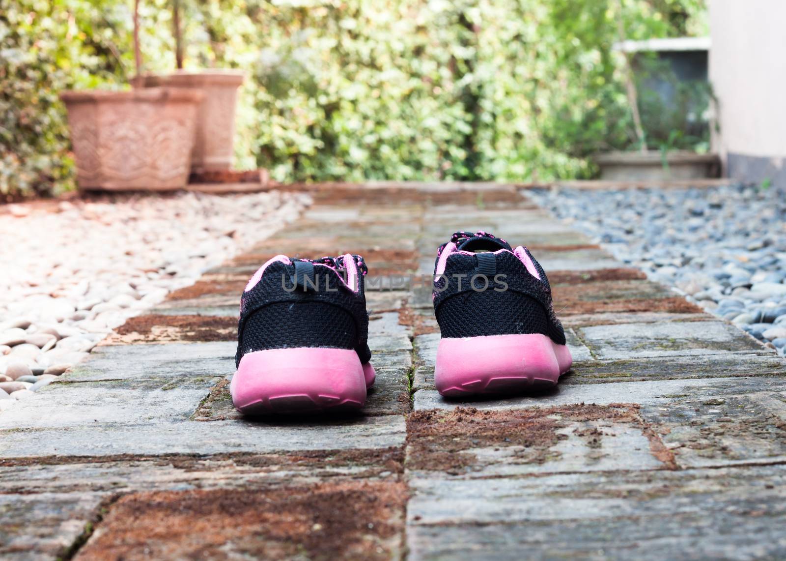 Running shoes in home garden foot path, stock photo