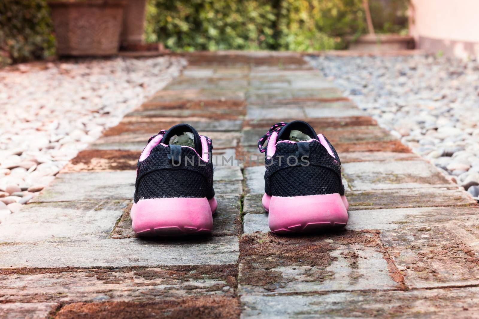 Running shoes in home garden foot path, stock photo