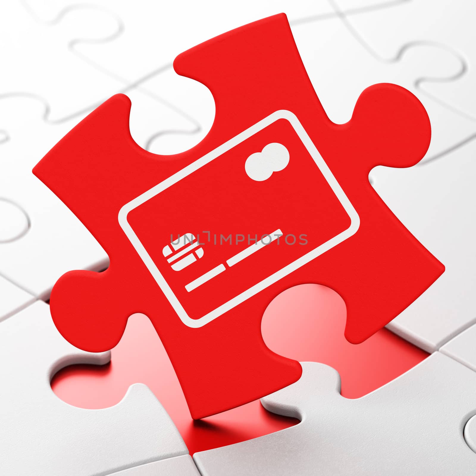Currency concept: Credit Card on Red puzzle pieces background, 3D rendering