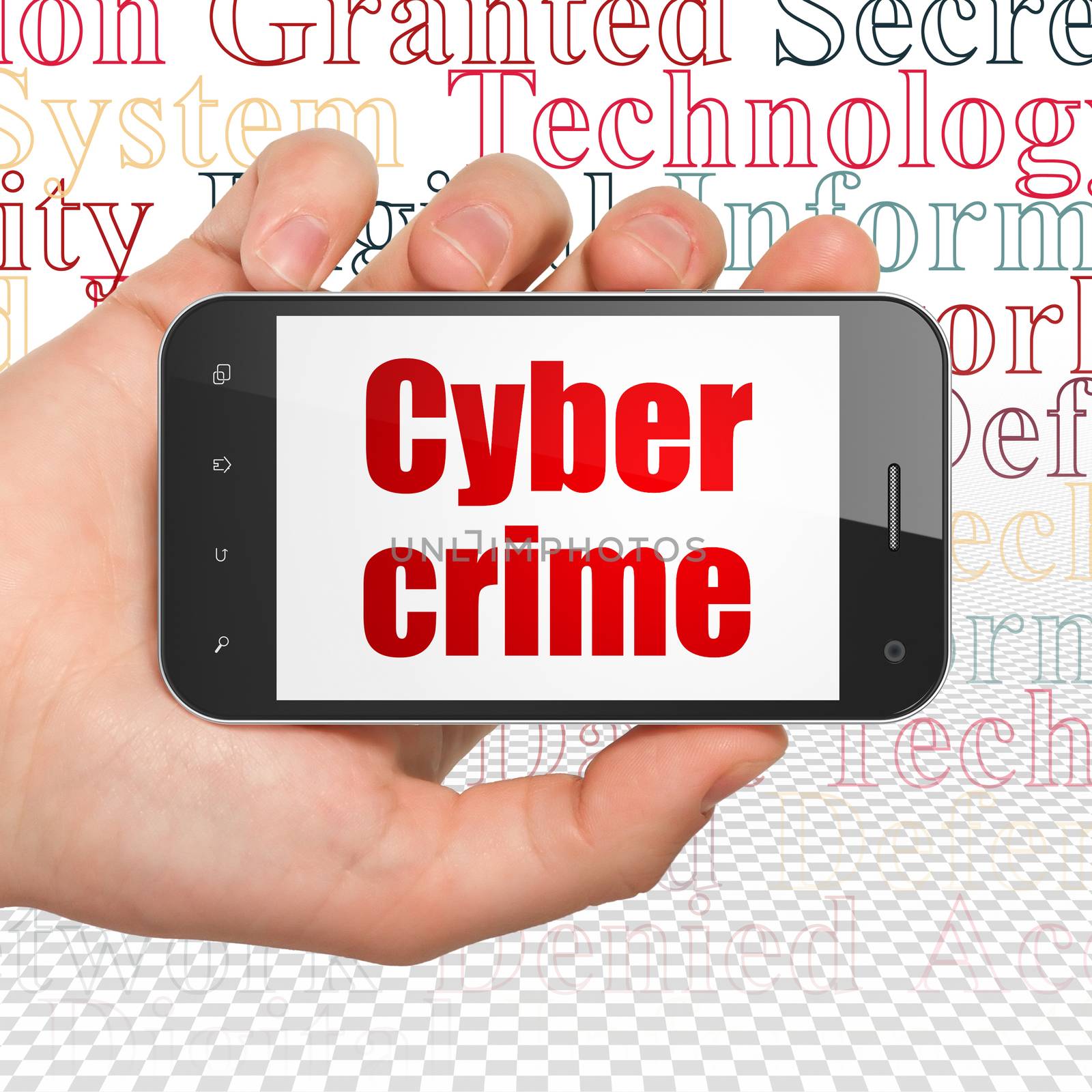 Privacy concept: Hand Holding Smartphone with  red text Cyber Crime on display,  Tag Cloud background, 3D rendering