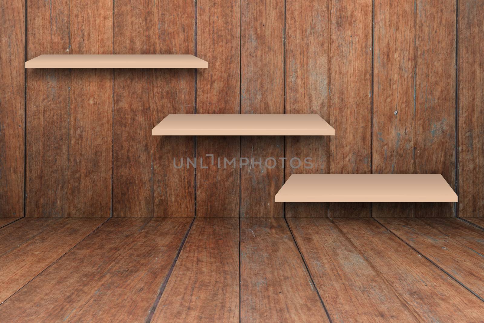 Three brown shelves on wooden interior texture background by punsayaporn