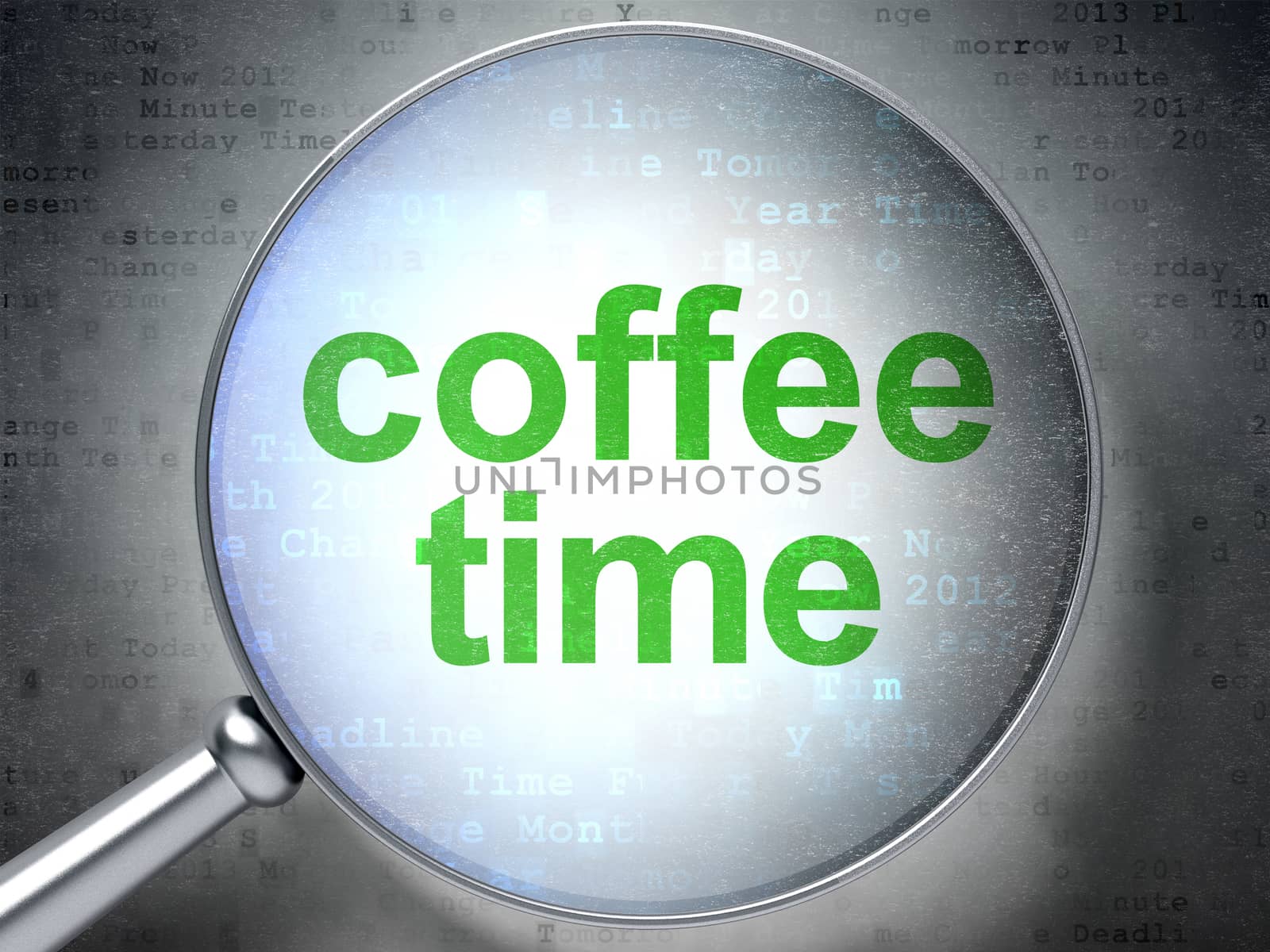 Time concept: magnifying optical glass with words Coffee Time on digital background, 3D rendering