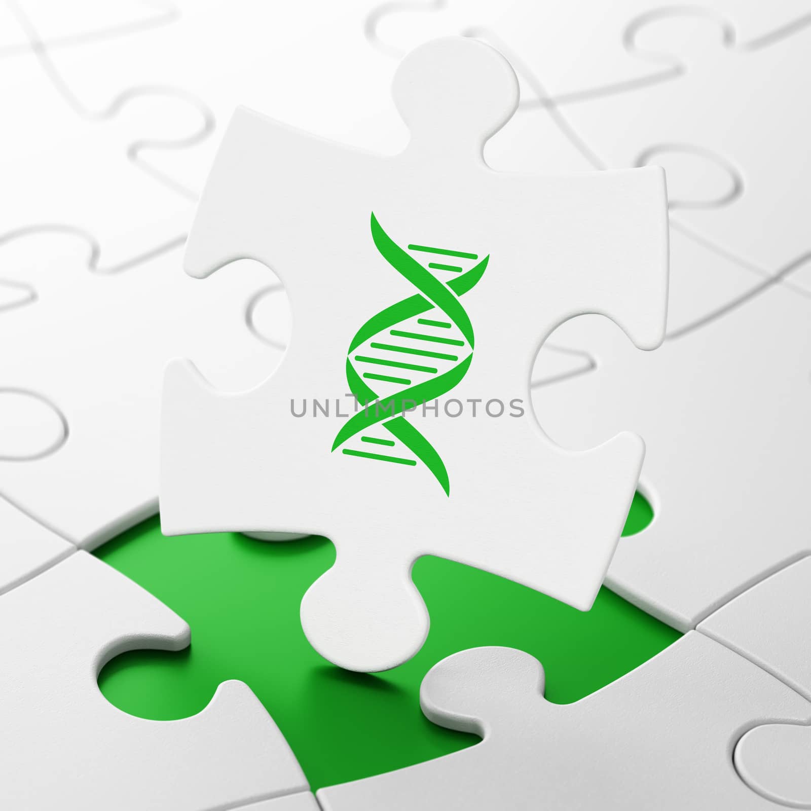 Medicine concept: DNA on White puzzle pieces background, 3D rendering