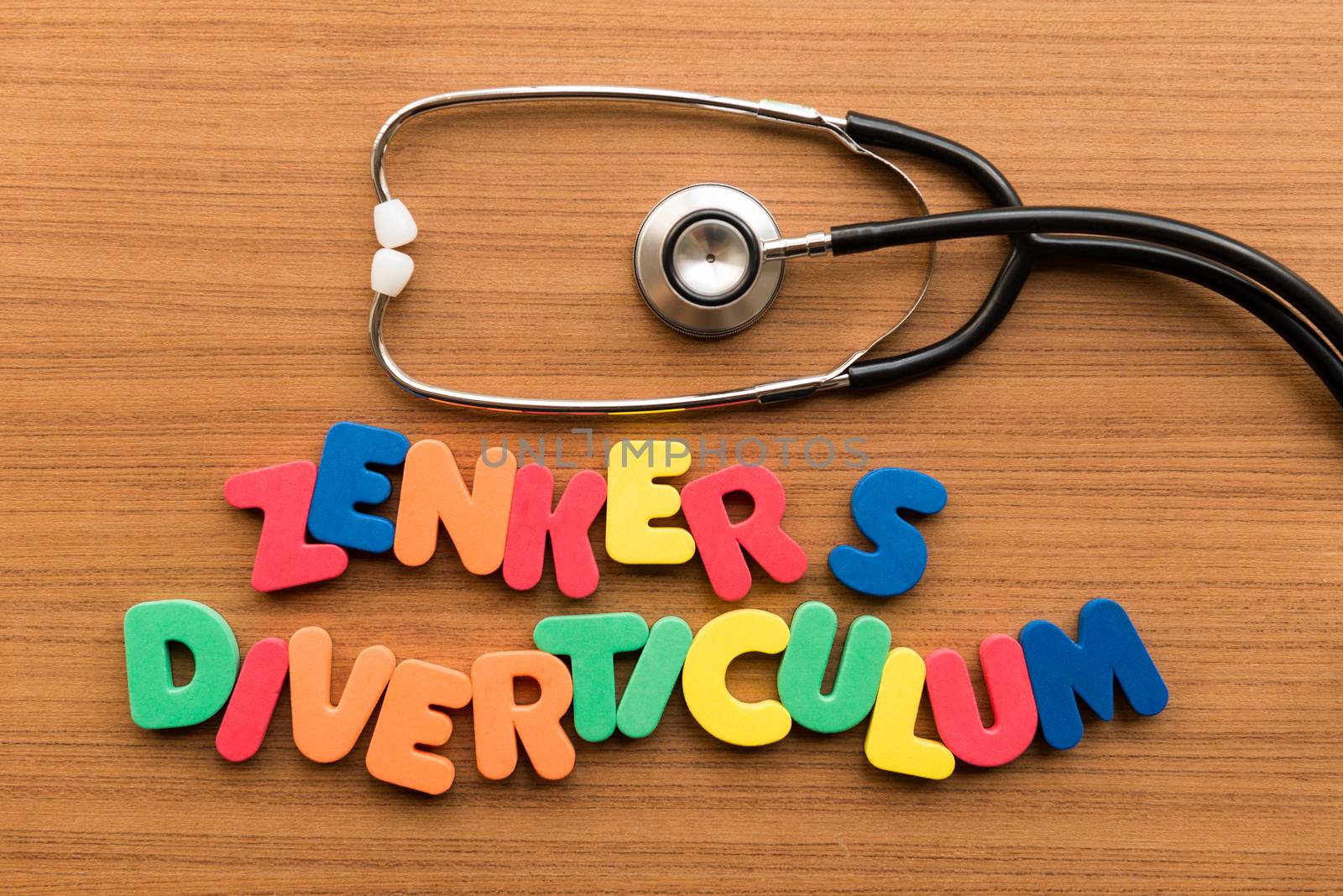zenker's diverticulum colorful word with stethoscope on wooden background