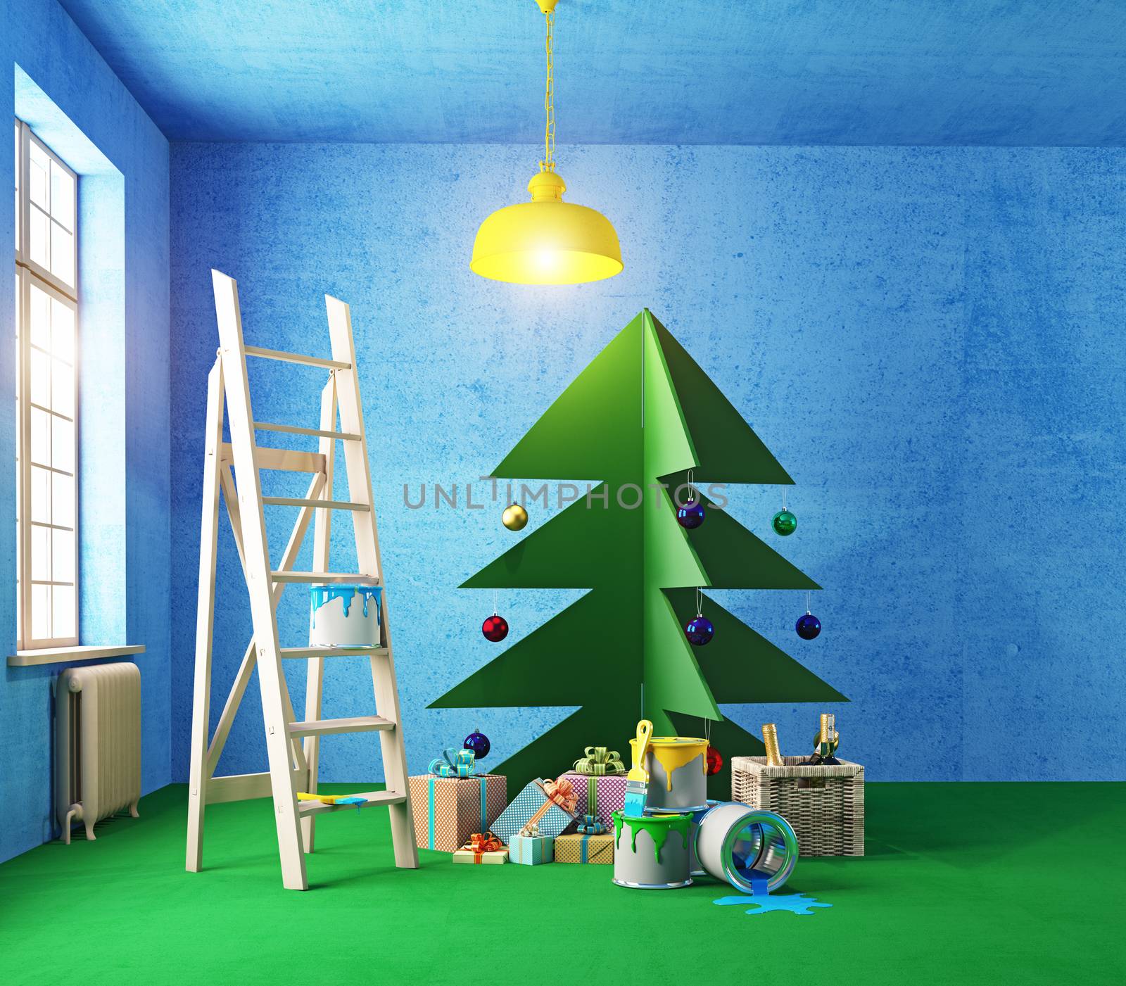 plywood Christmas tree interior nature colors room painting. 3d concept