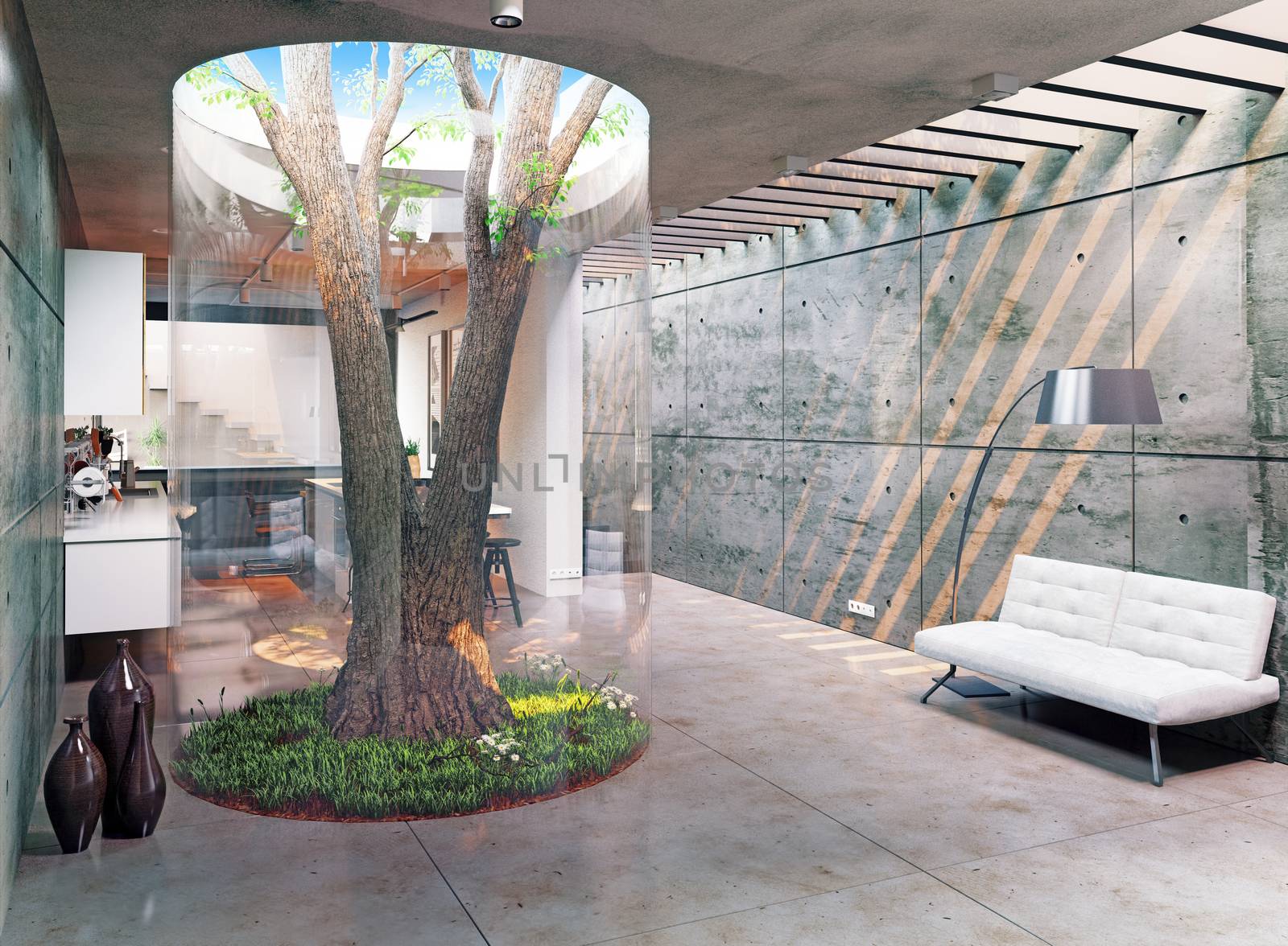 eco design of the modern  interior. Real tree indoor. 3d concept