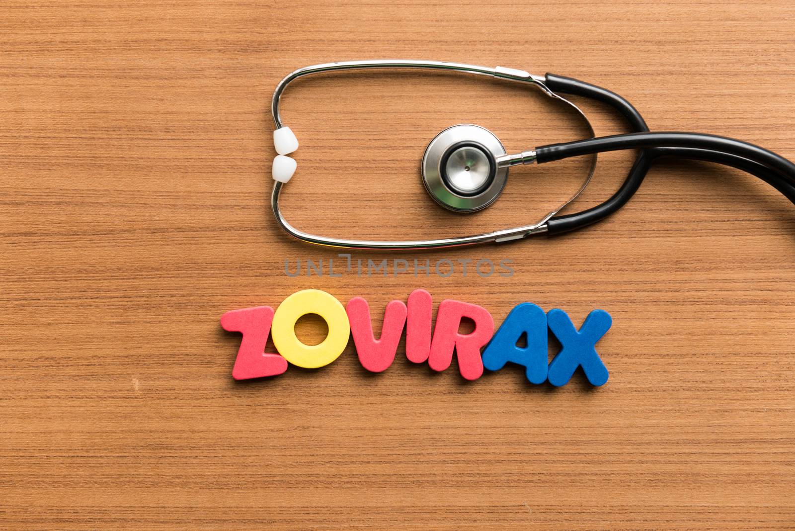 zovirax colorful word with stethoscope on wooden background
