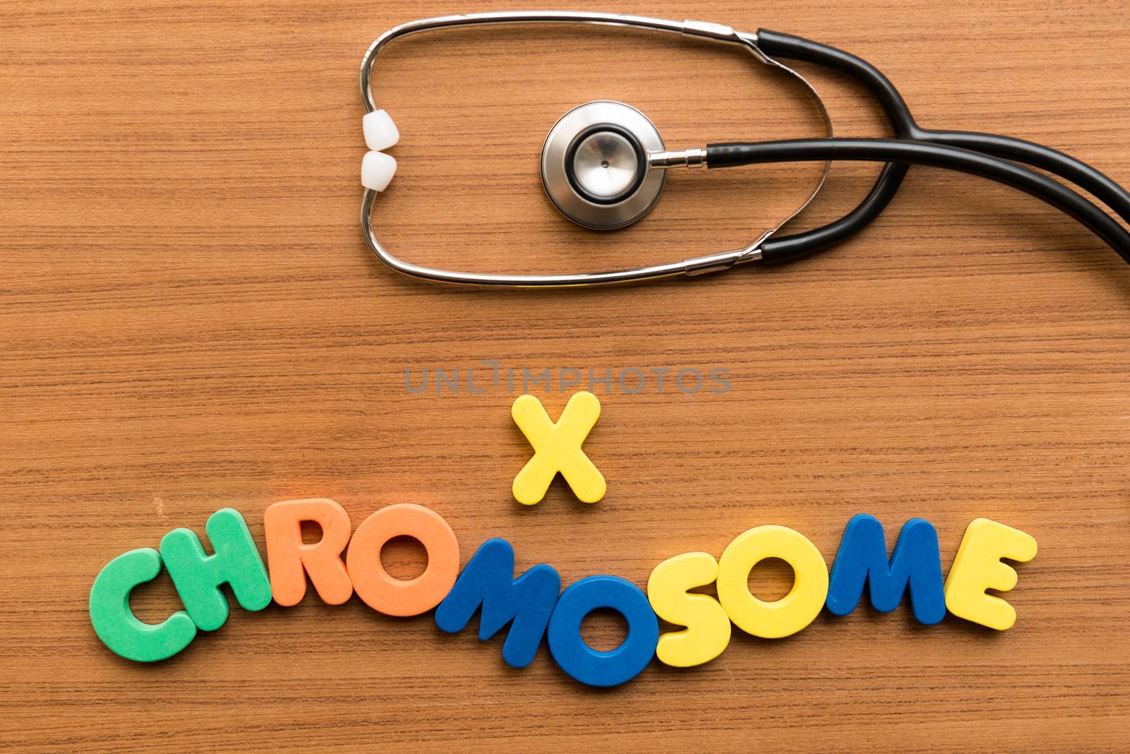 X chromosome colorful word with stethoscope on wooden background