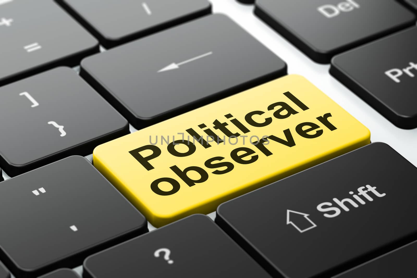 Political concept: computer keyboard with word Political Observer, selected focus on enter button background, 3D rendering