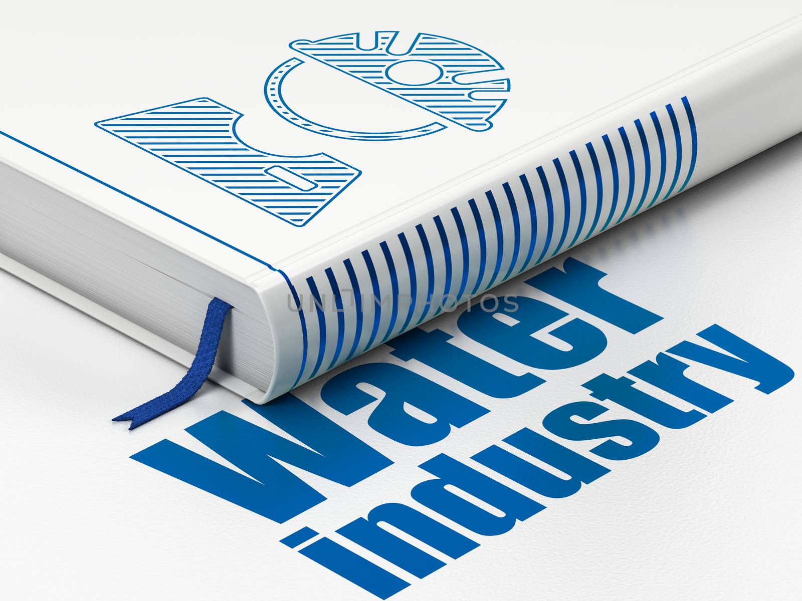 Industry concept: closed book with Blue Factory Worker icon and text Water Industry on floor, white background, 3D rendering