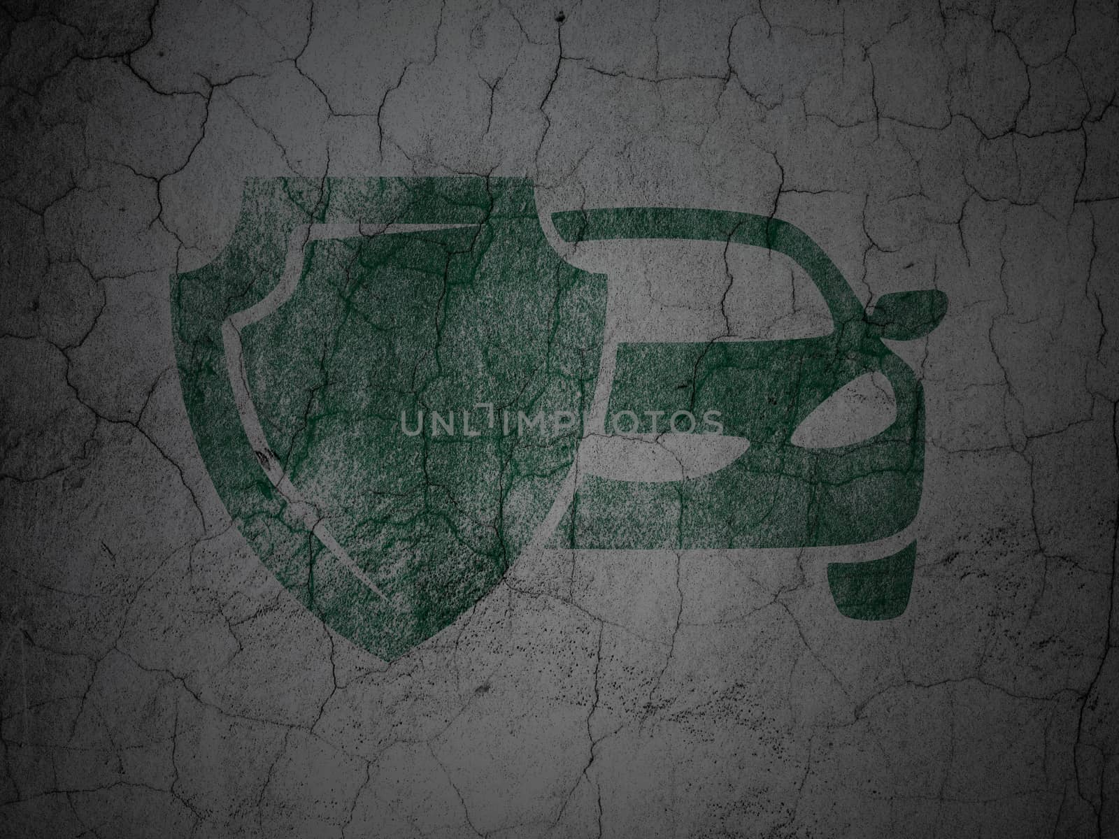 Insurance concept: Green Car And Shield on grunge textured concrete wall background