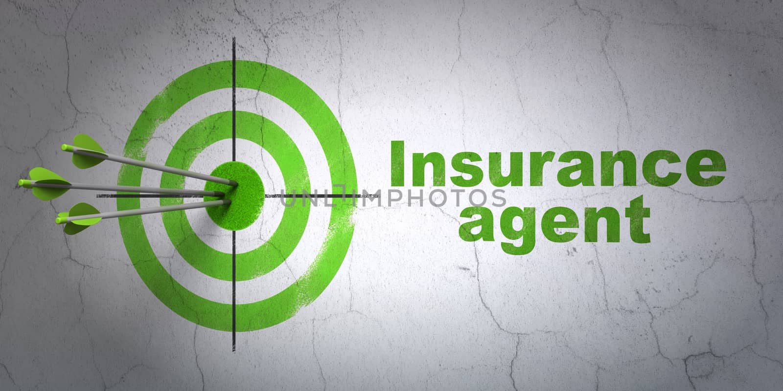 Success Insurance concept: arrows hitting the center of target, Green Insurance Agent on wall background, 3D rendering