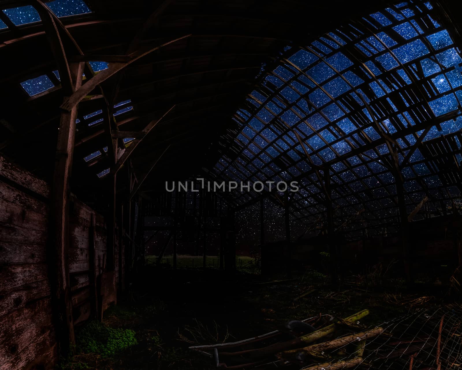 Looking Through an Abandoned Barn at Night by backyard_photography