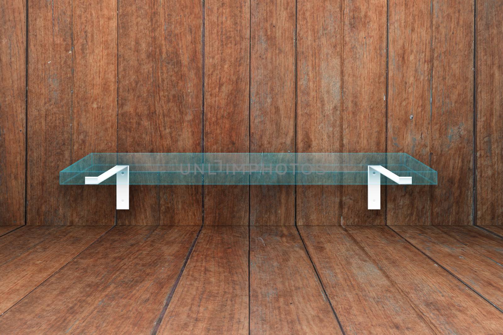 Glass shelf on old wooden texture background, stock photo