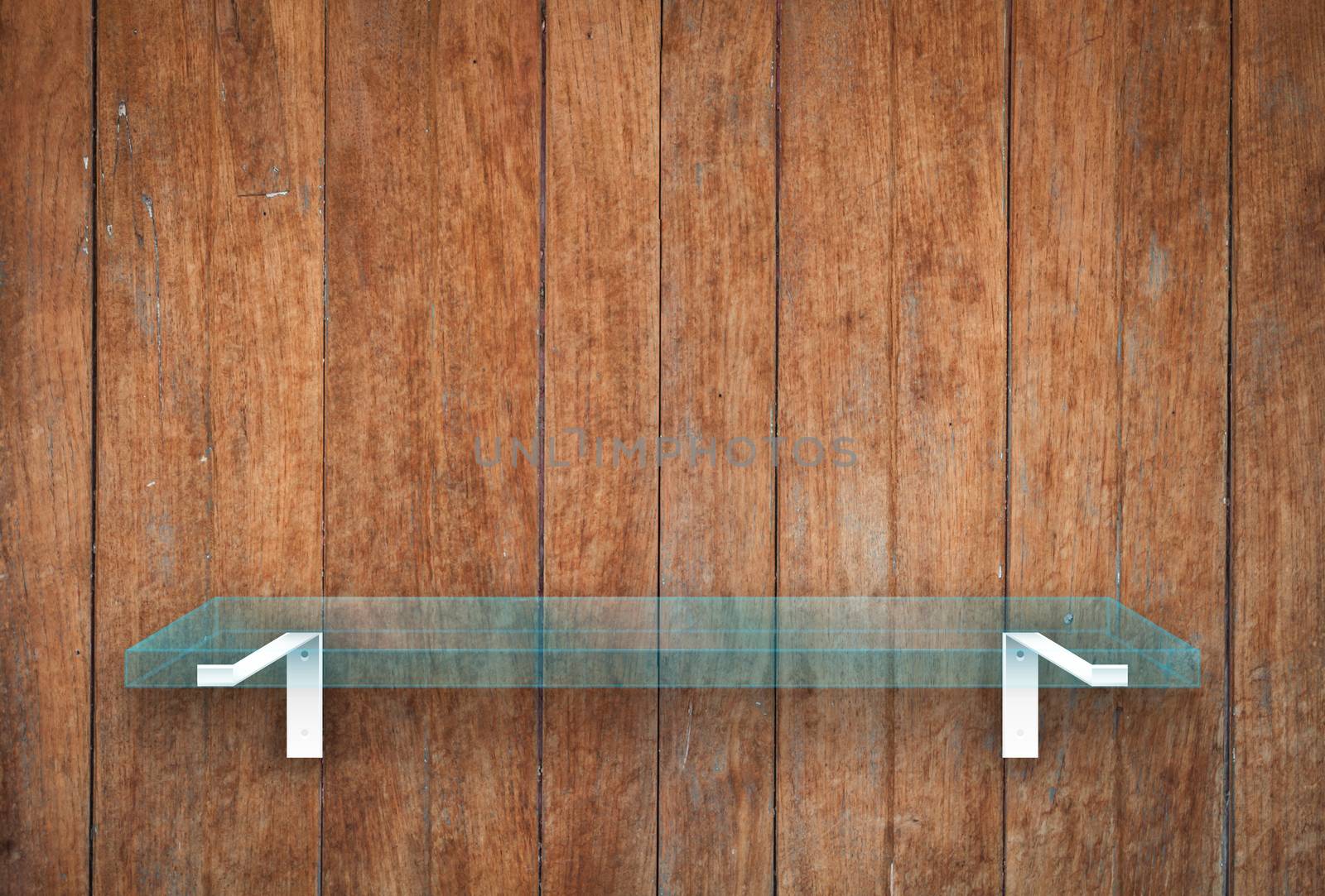 Glass shelf on wooden texture background by punsayaporn