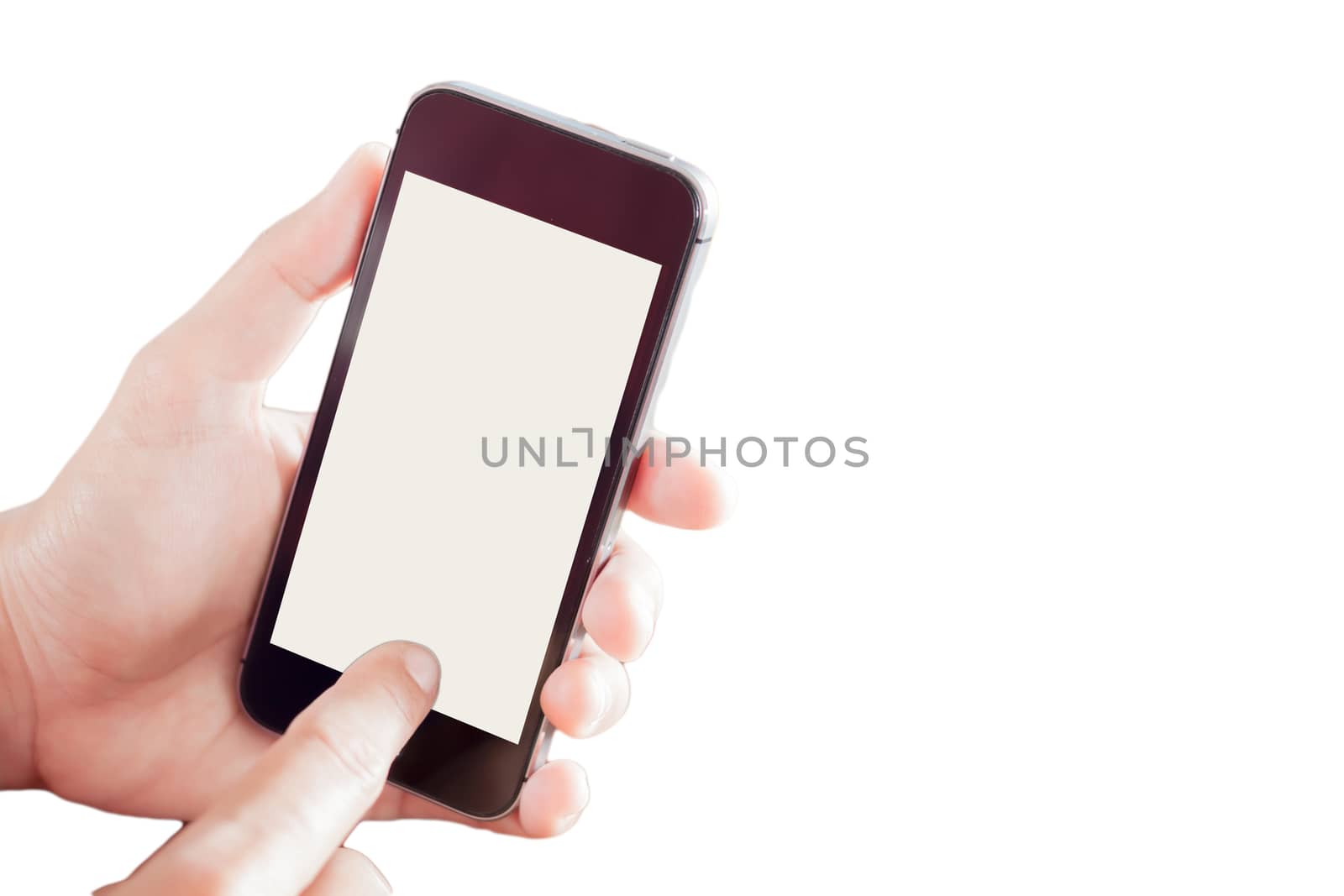 Smart phone in a woman hand on white background by punsayaporn