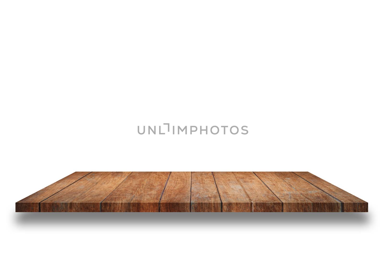 Empty top wooden shelf isolated on white background. For product display