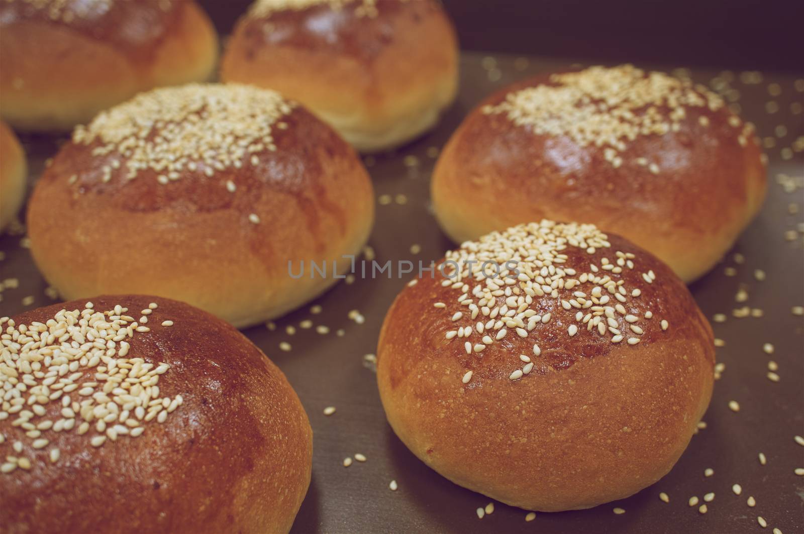 Bread baked with white sesame on oven tray vintage style by eaglesky