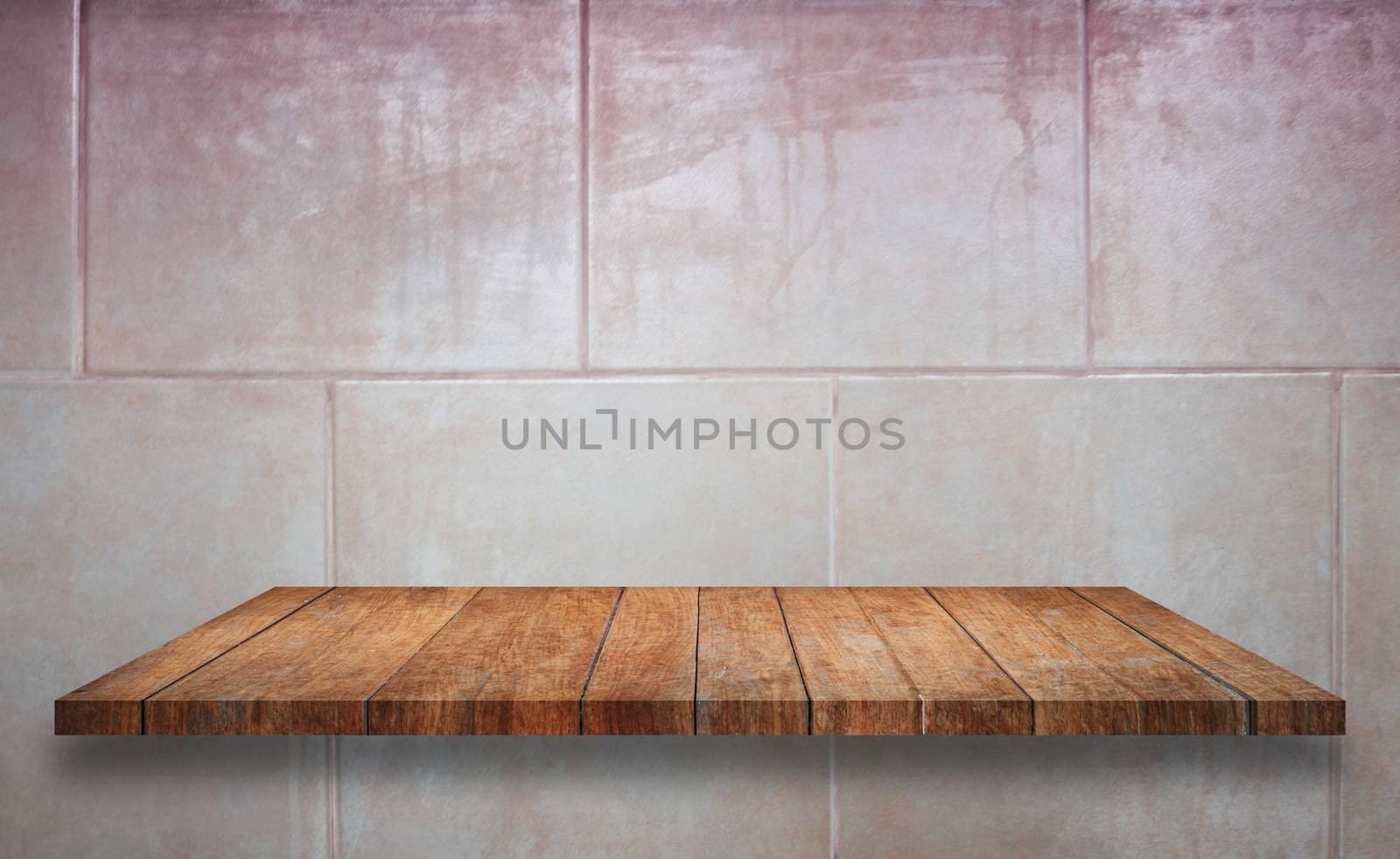 Top of wooden shelf on ceramic tiles wall texture background, stock photo