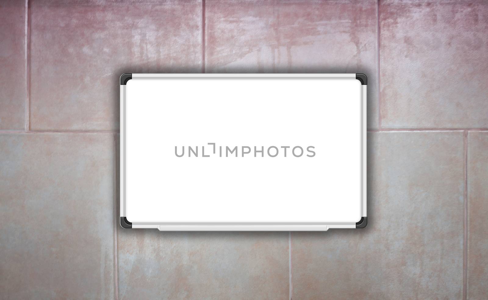 Blank white baord on ceramic tiles wall texture background, stock photo