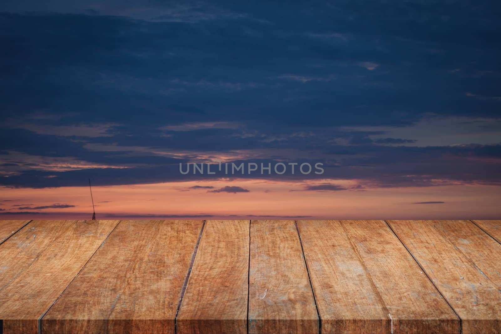 Perspective top wooden with sunrise beautiful sky, stock photo