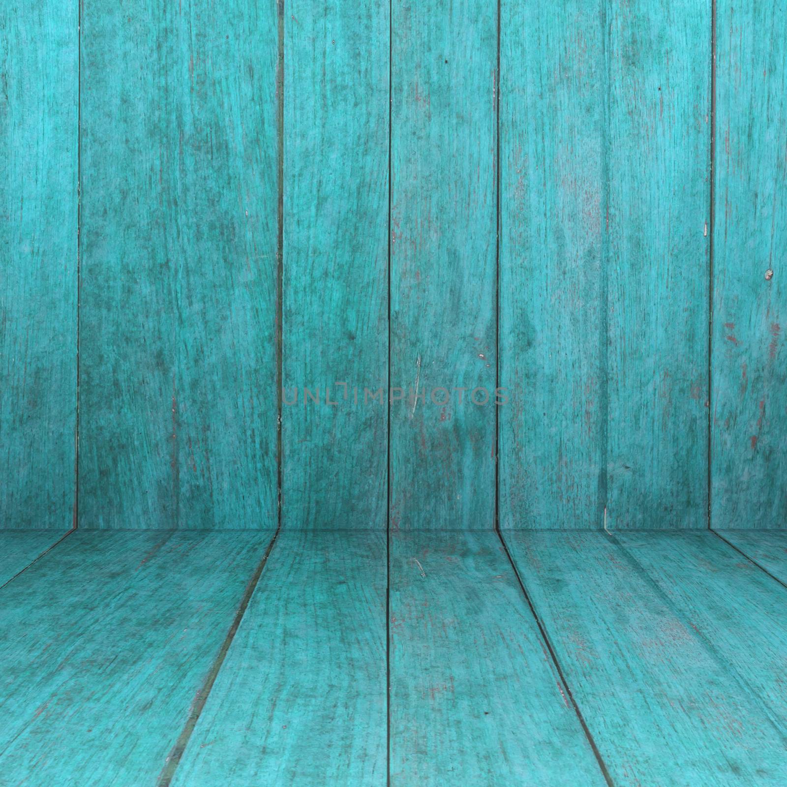 Perspective blue wooden floor with wood panel background by punsayaporn