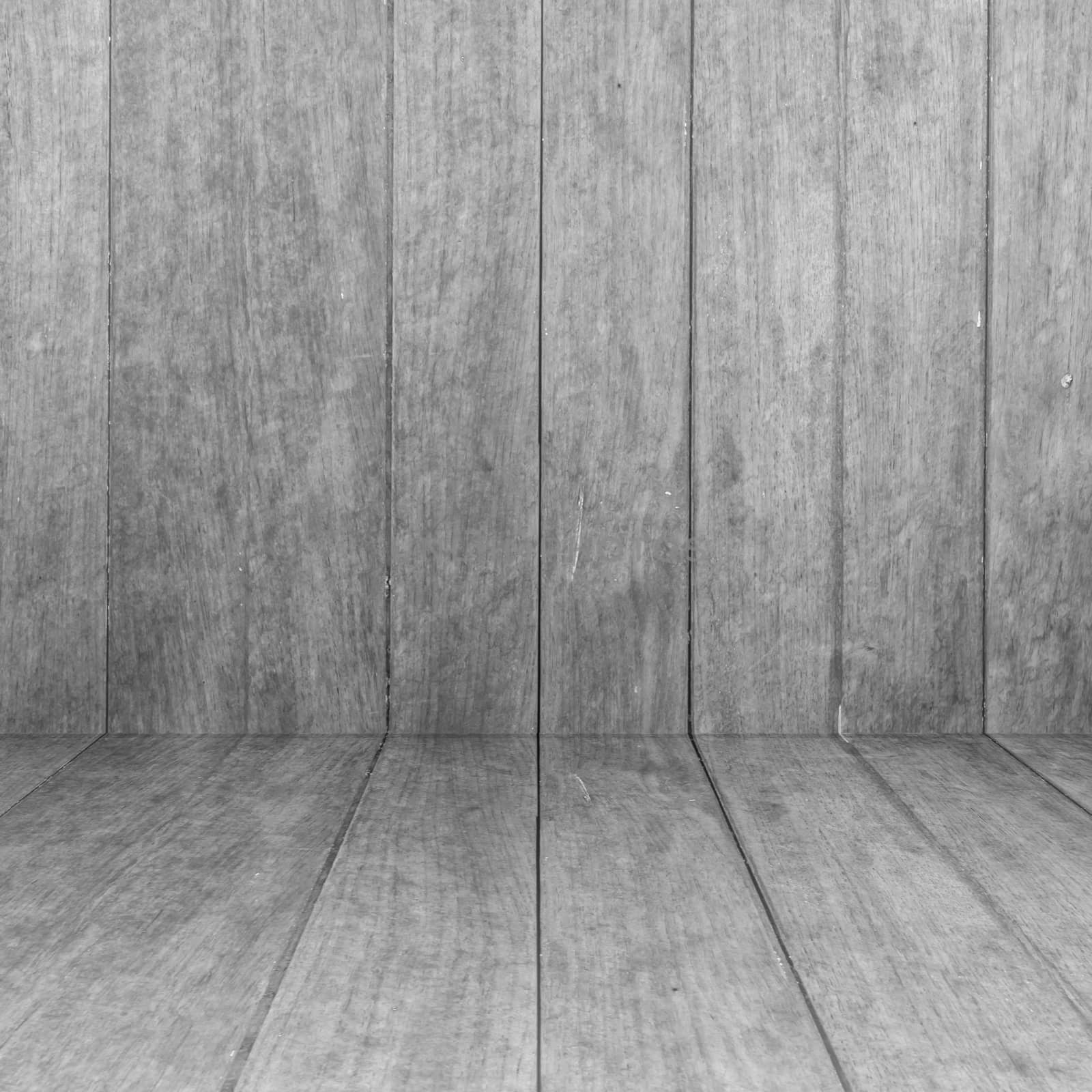 Perspective white wooden floor with wood panel background by punsayaporn