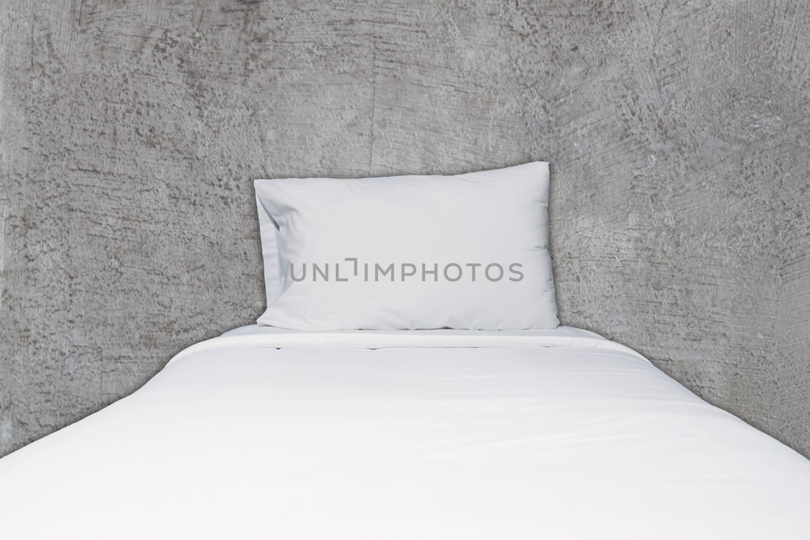 Close up white bedding and pillow on abstract gray concrete texture background