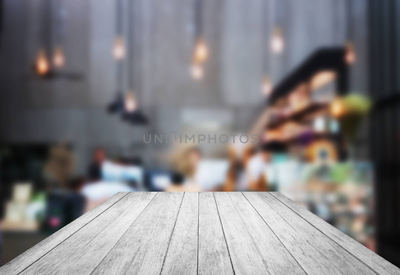 Black and white wooden with blurred background in coffee shop, stock photo