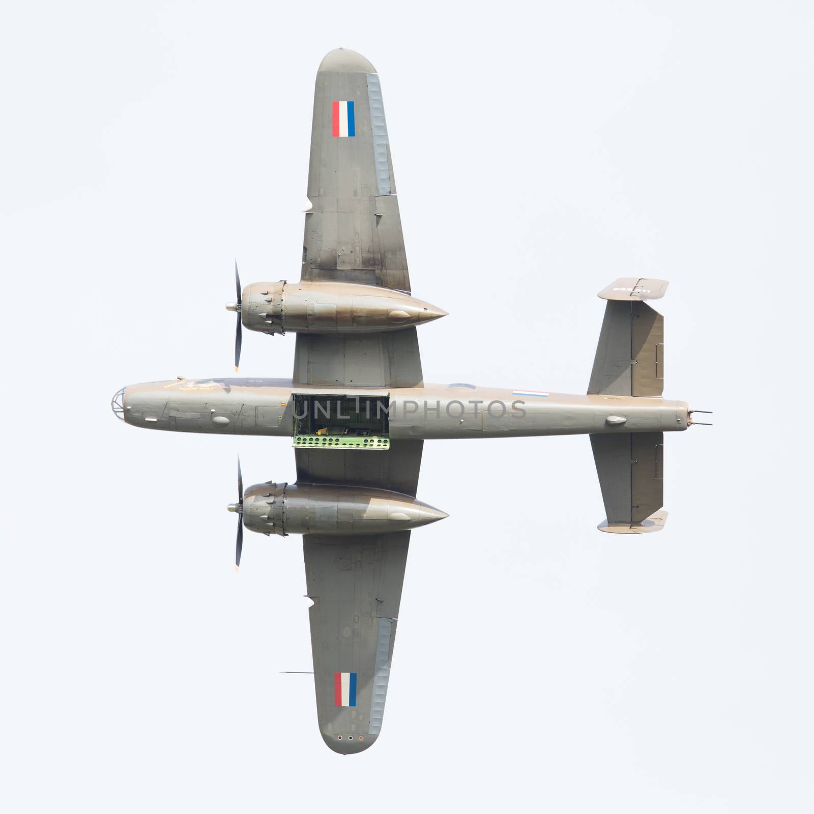 LEEUWARDEN, THE NETHERLANDS - JUNE 10: WW2 B-25 Mitchell bomber in Dutch markings during the Dutch Air Force Open House. June 10, 2016 in Leeuwarden, The Netherlands