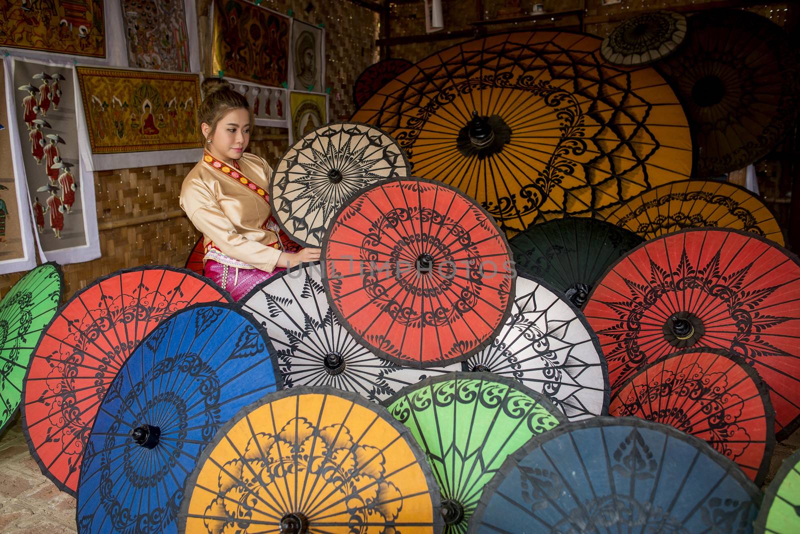 Asian Women in Colorful Umbrella Souvenier Shop at Bagan, Mandalay, Myanmar