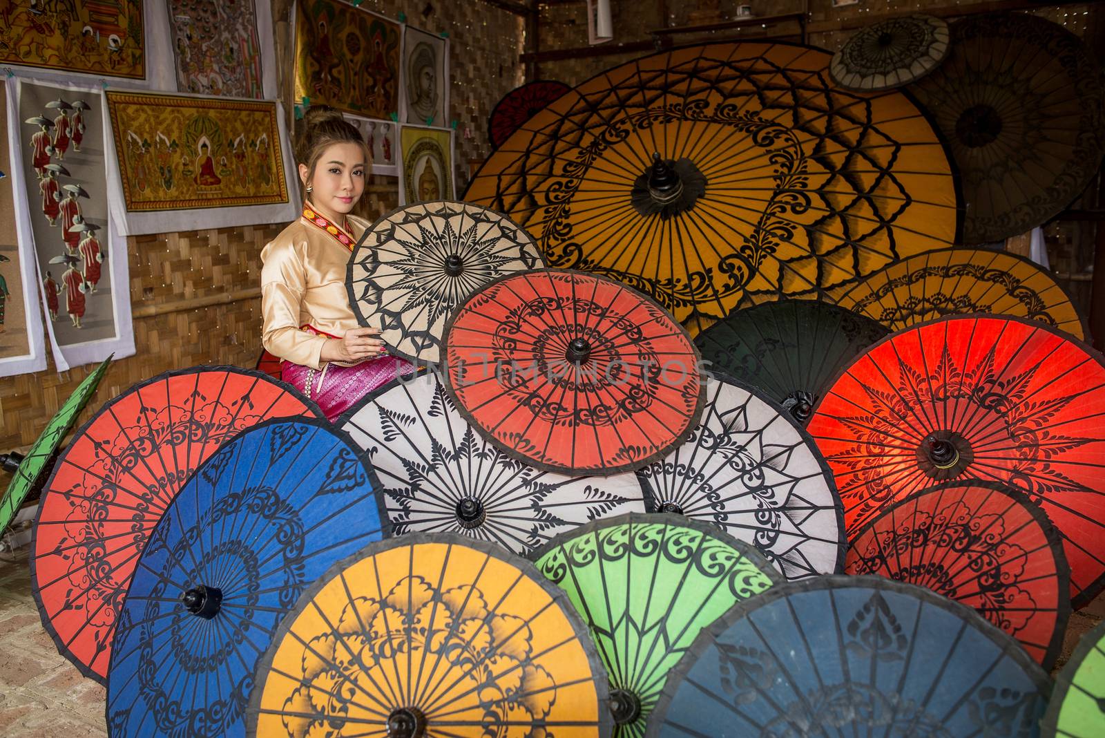 Asian Women in Colorful Umbrella Souvenier Shop at Bagan, Mandalay, Myanmar