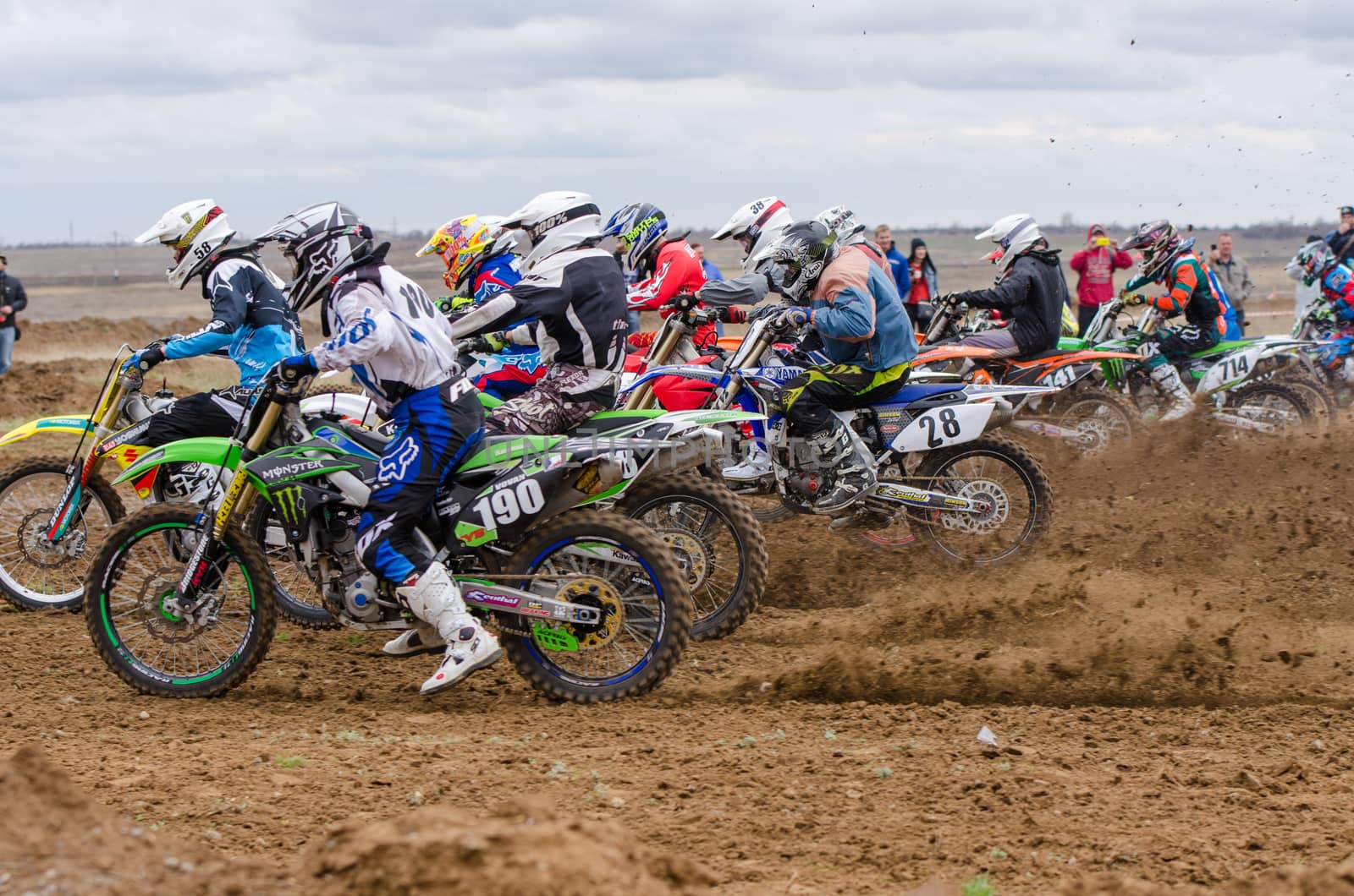 Volgograd, Russia - April 19, 2015: Motorcycle racer took the race start, at the stage of the Open Championship Motorcycle Cross Country Cup Volgograd Region Governor