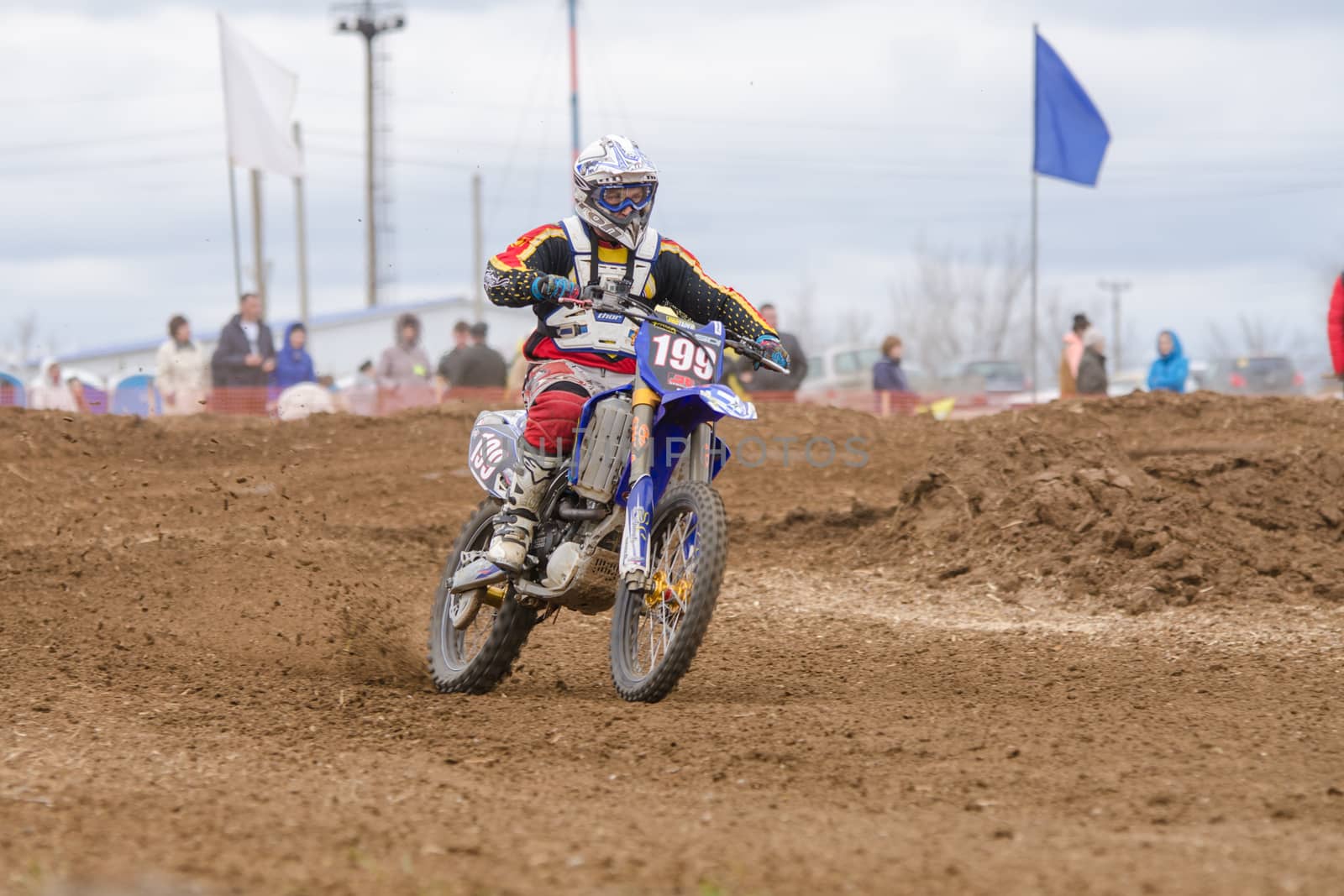 Volgograd, Russia - April 19, 2015: Motorcycle racer riding on dirt track, at the stage of the Open Championship Motorcycle Cross Country Cup Volgograd Region Governor